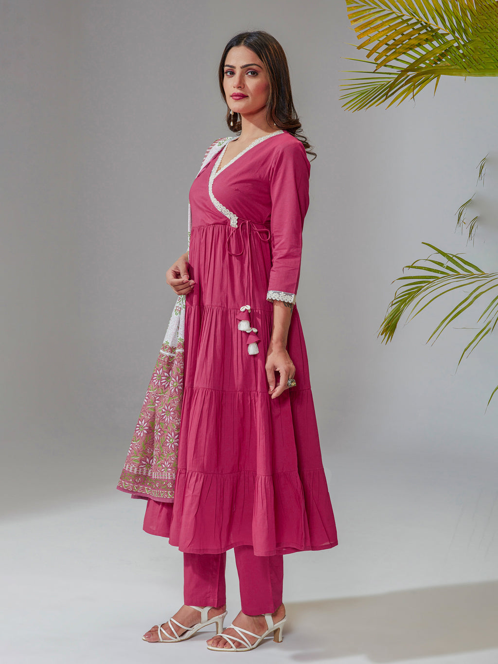 Pink Cotton Flared Angrakha Kurta Set With Printed Dupatta