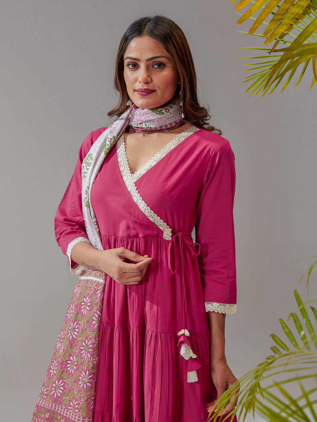 Pink Cotton Flared Angrakha Kurta Set With Printed Dupatta