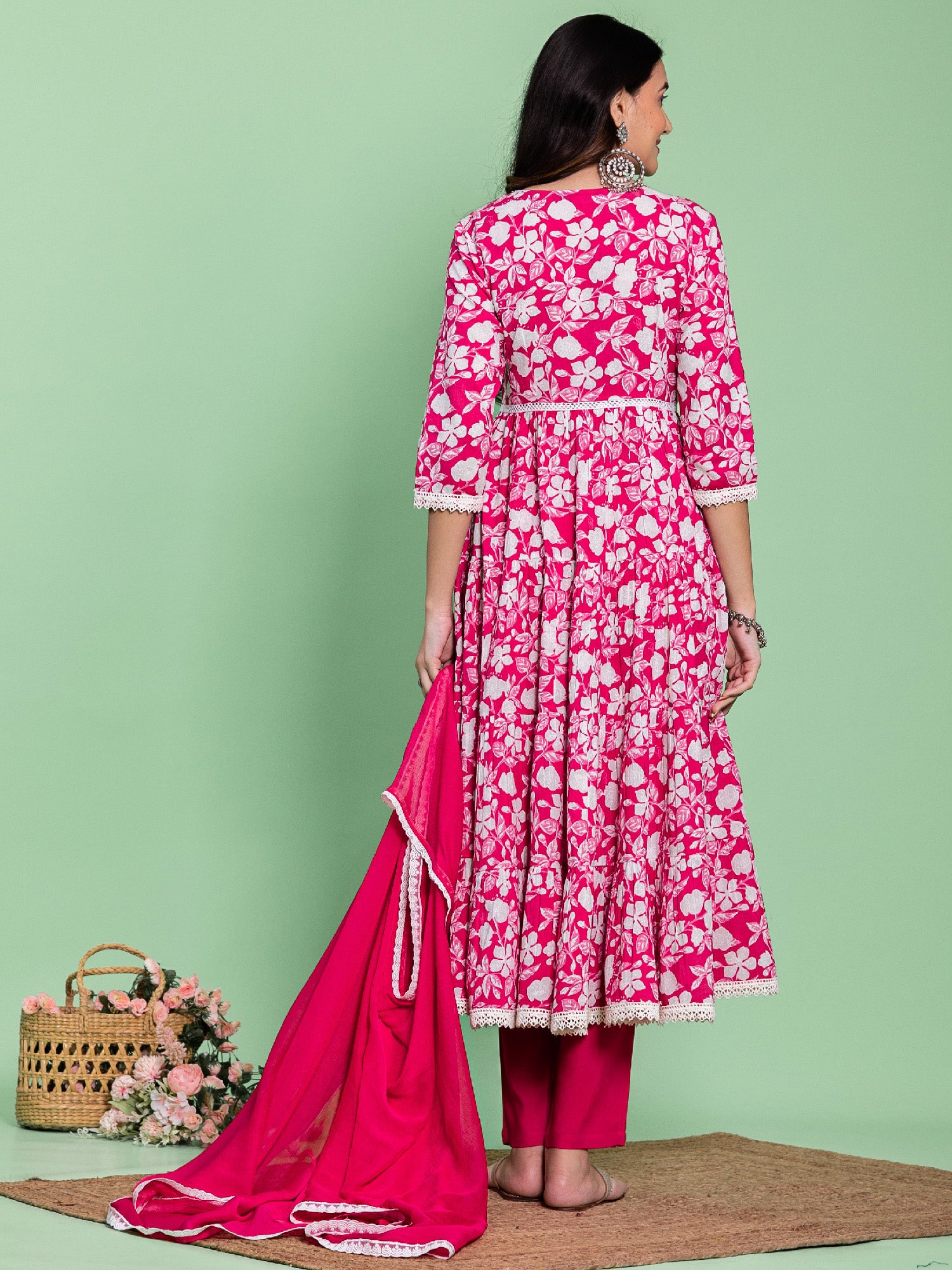 Pink Cotton Flared Floral Printed Angrakha Kurta Set