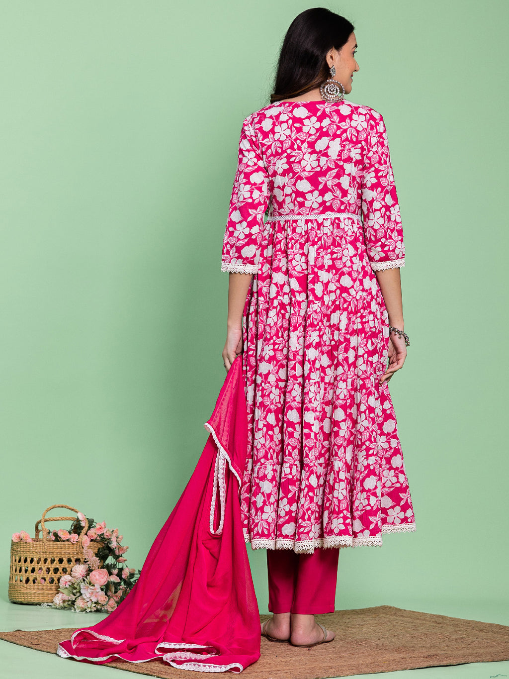 Pink Cotton Flared Floral Printed Angrakha Kurta Set