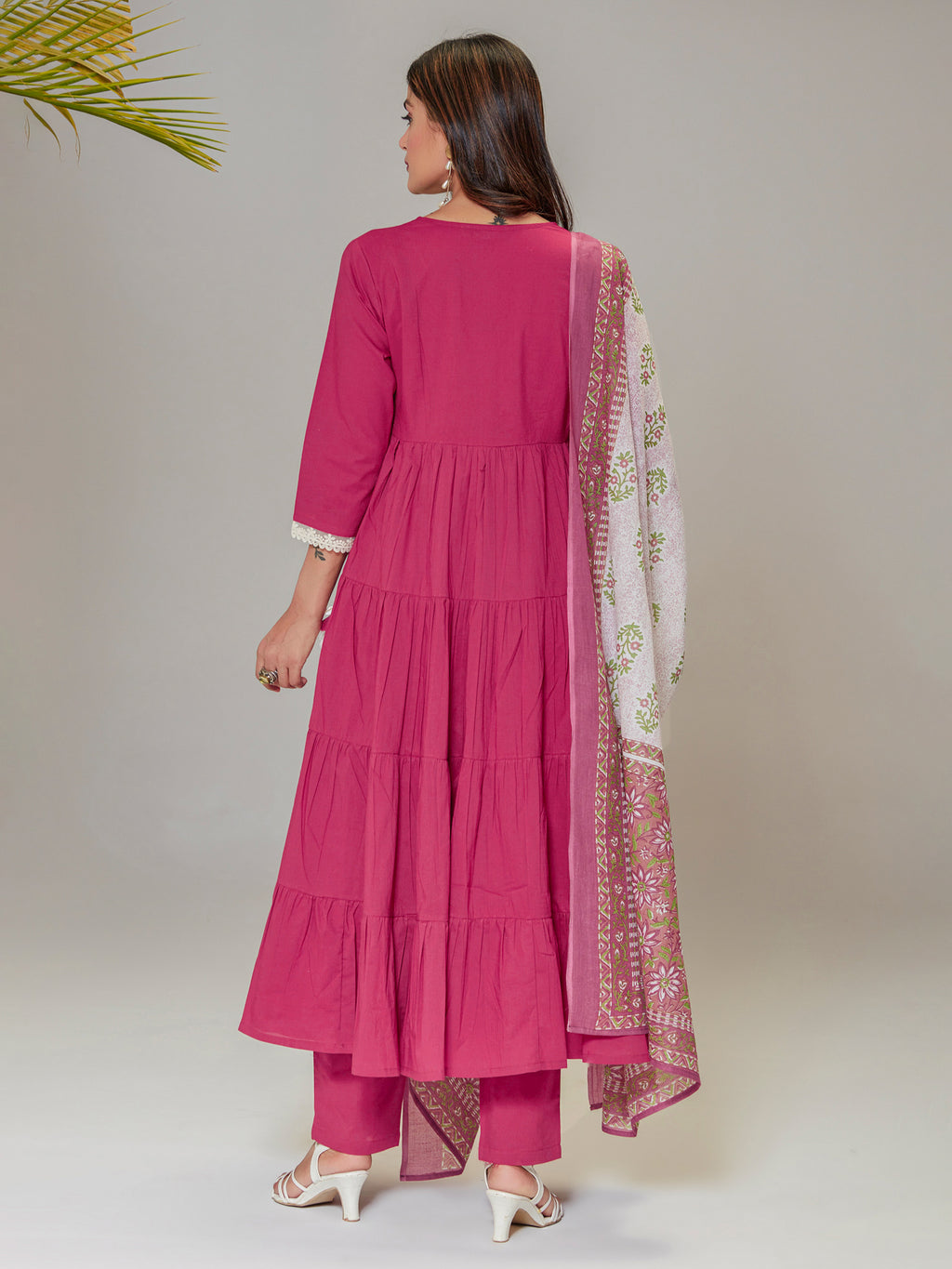 Pink Cotton Flared Angrakha Kurta Set With Printed Dupatta