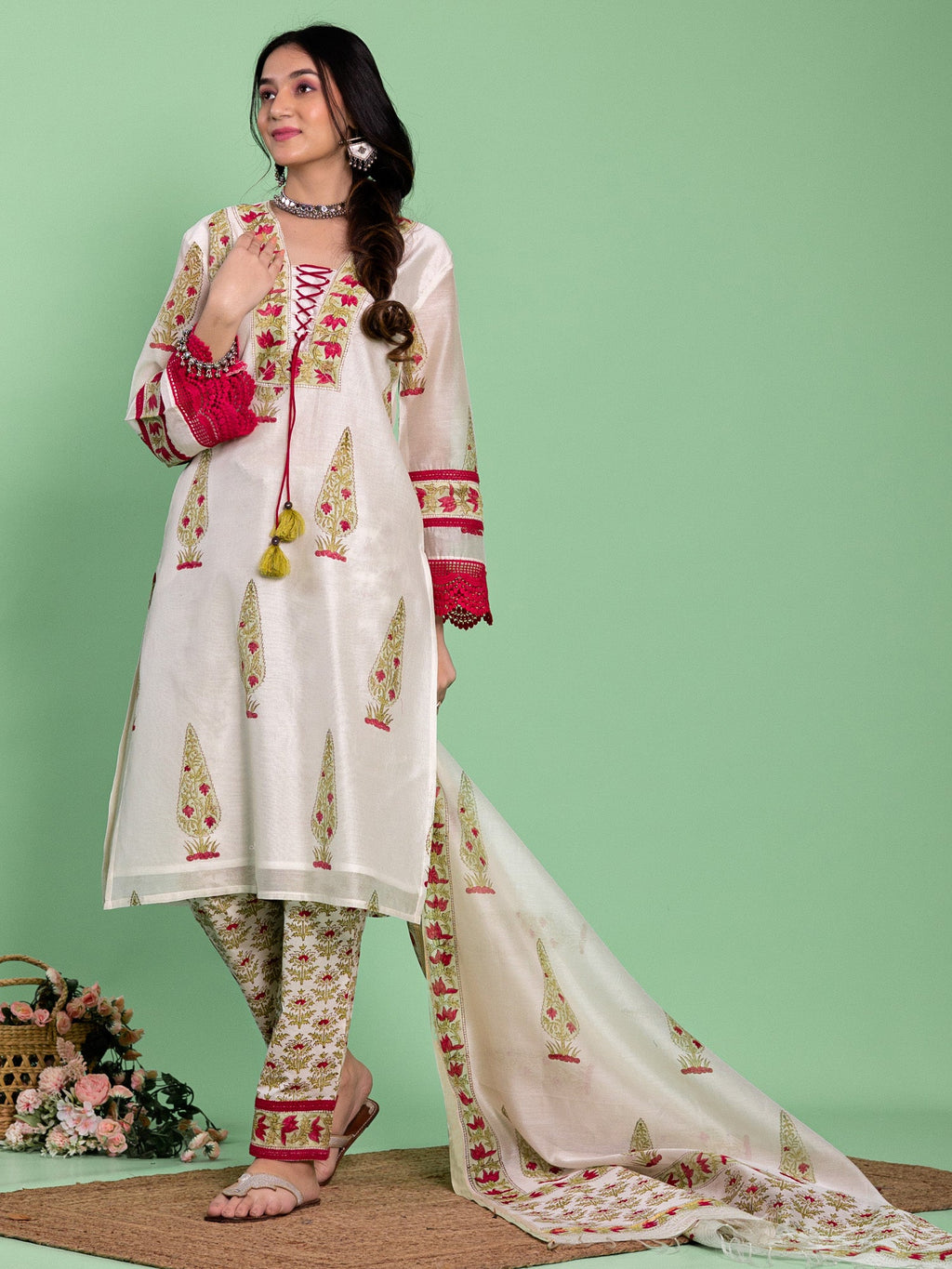 Off White Chanderi Floral Buta Printed A-Line Kurta Set