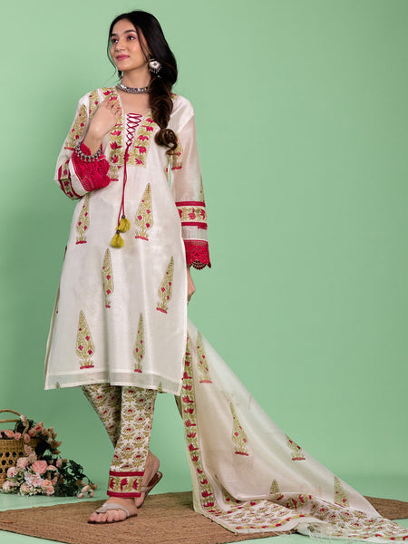 Off White Chanderi Floral Buta Printed A-Line Kurta Set