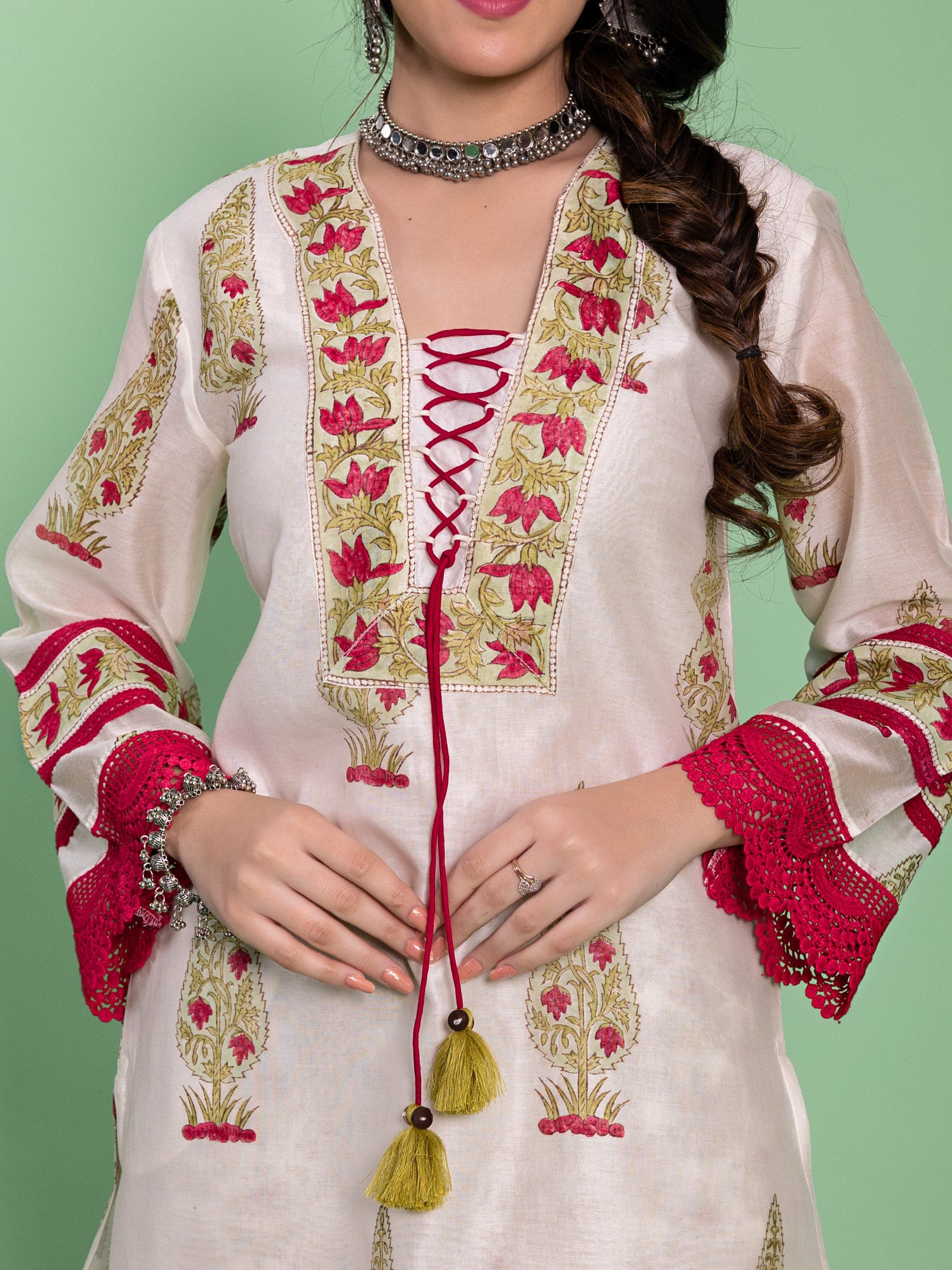 Off White Chanderi Floral Buta Printed A-Line Kurta Set