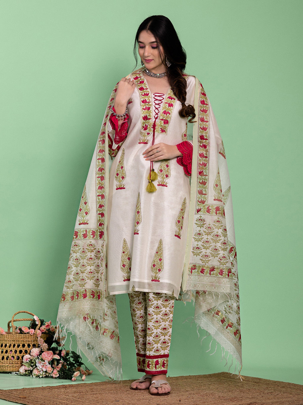 Off White Chanderi Floral Buta Printed A-Line Kurta Set