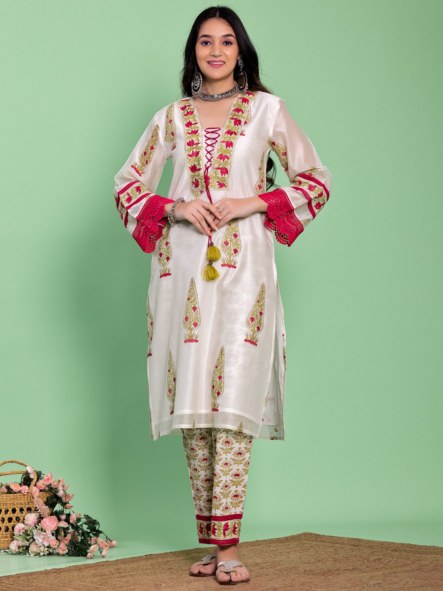 Off White Chanderi Floral Buta Printed A-Line Kurta Set