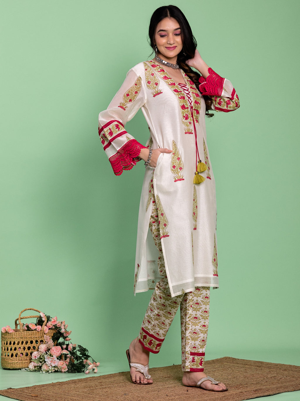 Off White Chanderi Floral Buta Printed A-Line Kurta Set