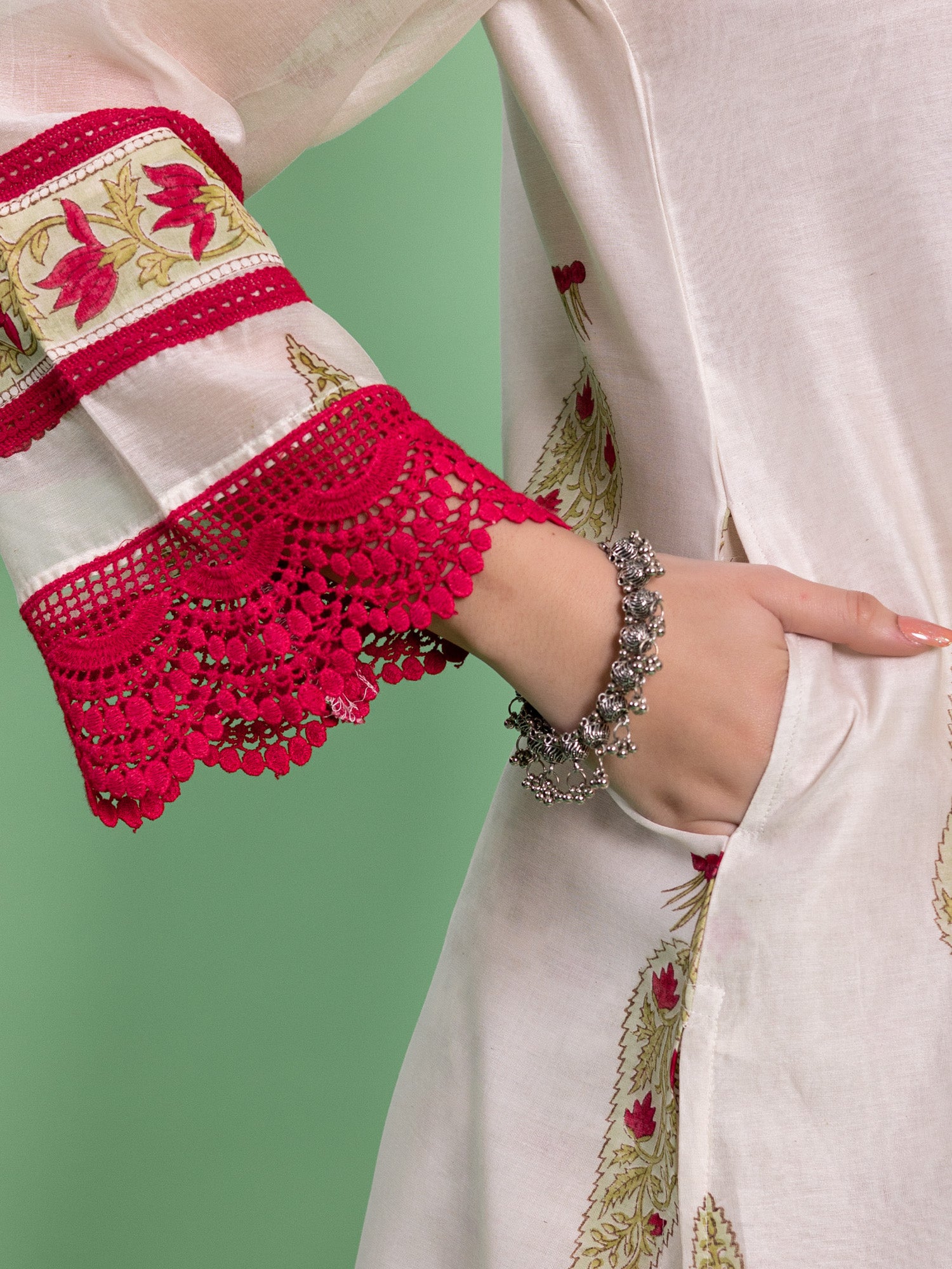 Off White Chanderi Floral Buta Printed A-Line Kurta Set