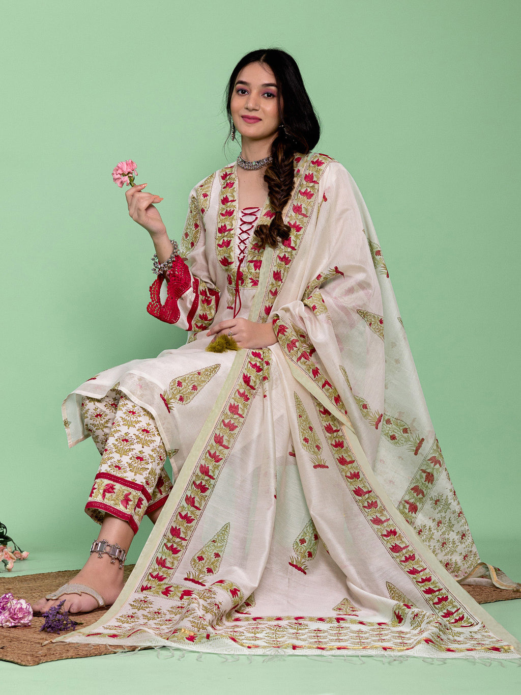 Off White Chanderi Floral Buta Printed A-Line Kurta Set