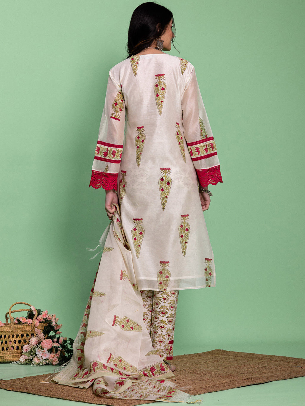 Off White Chanderi Floral Buta Printed A-Line Kurta Set