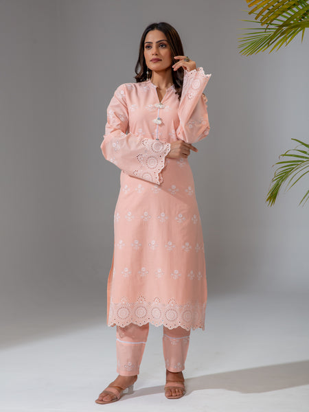 Peach Cotton Embroidered A-Line Kurta Set