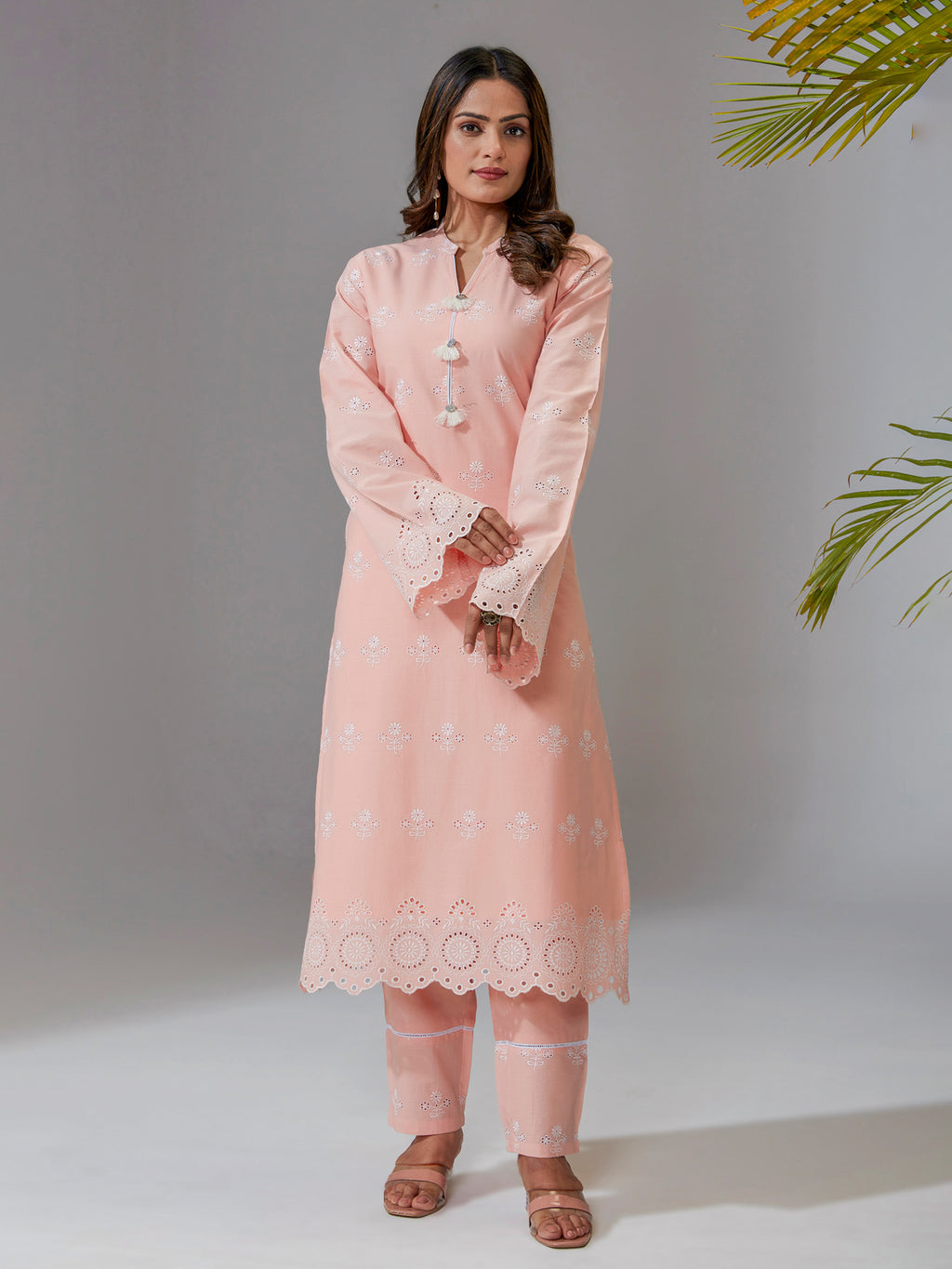 Peach Cotton Embroidered A-Line Kurta Set