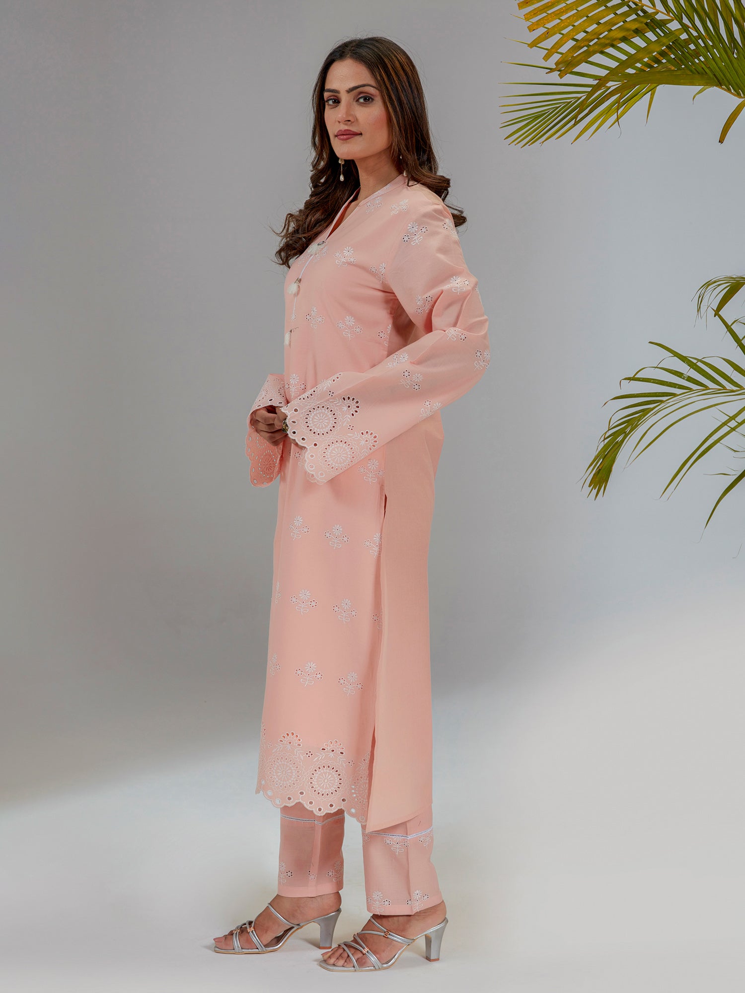 Peach Cotton Embroidered A-Line Kurta Set