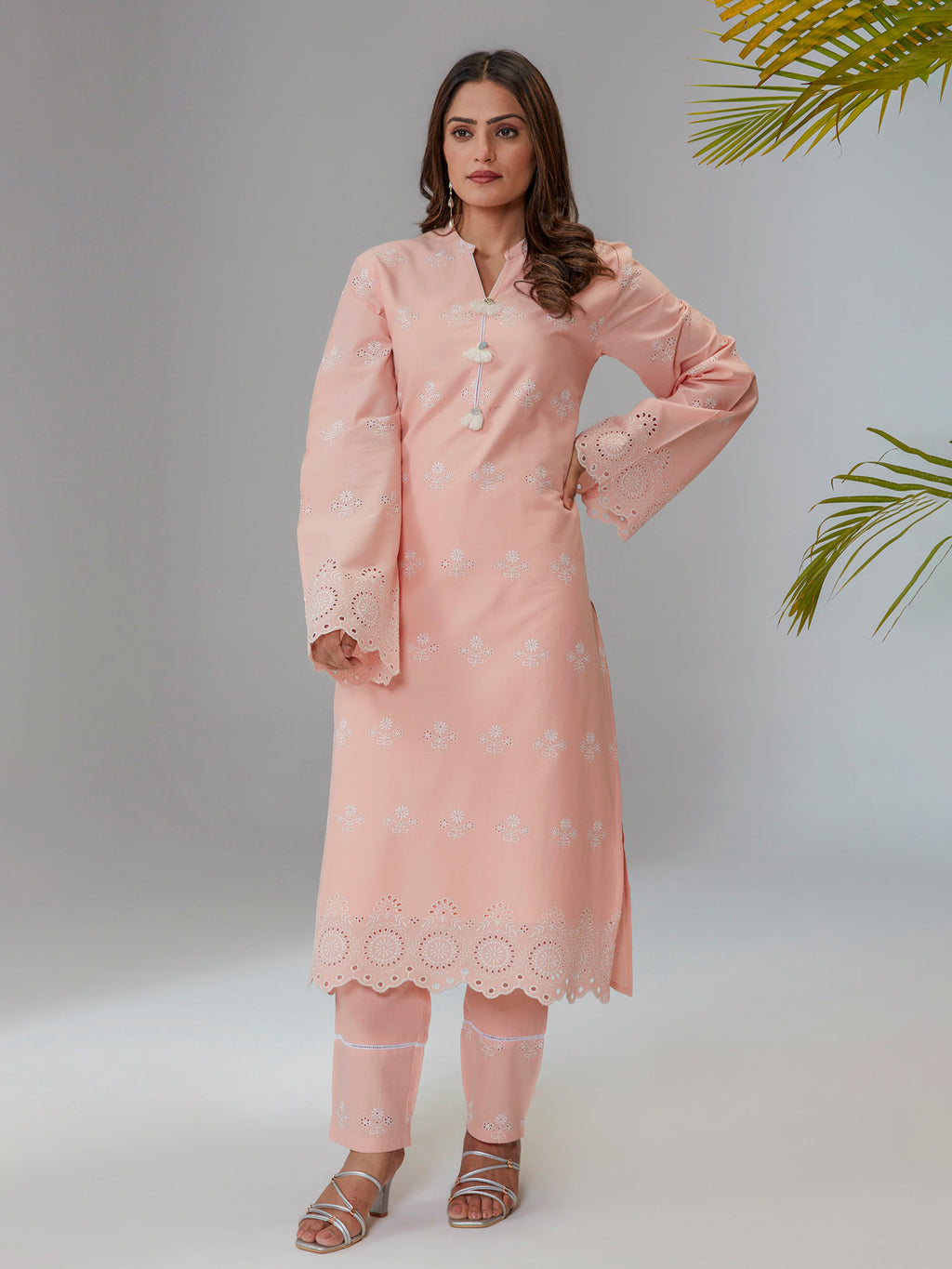 Peach Cotton Embroidered A-Line Kurta Set