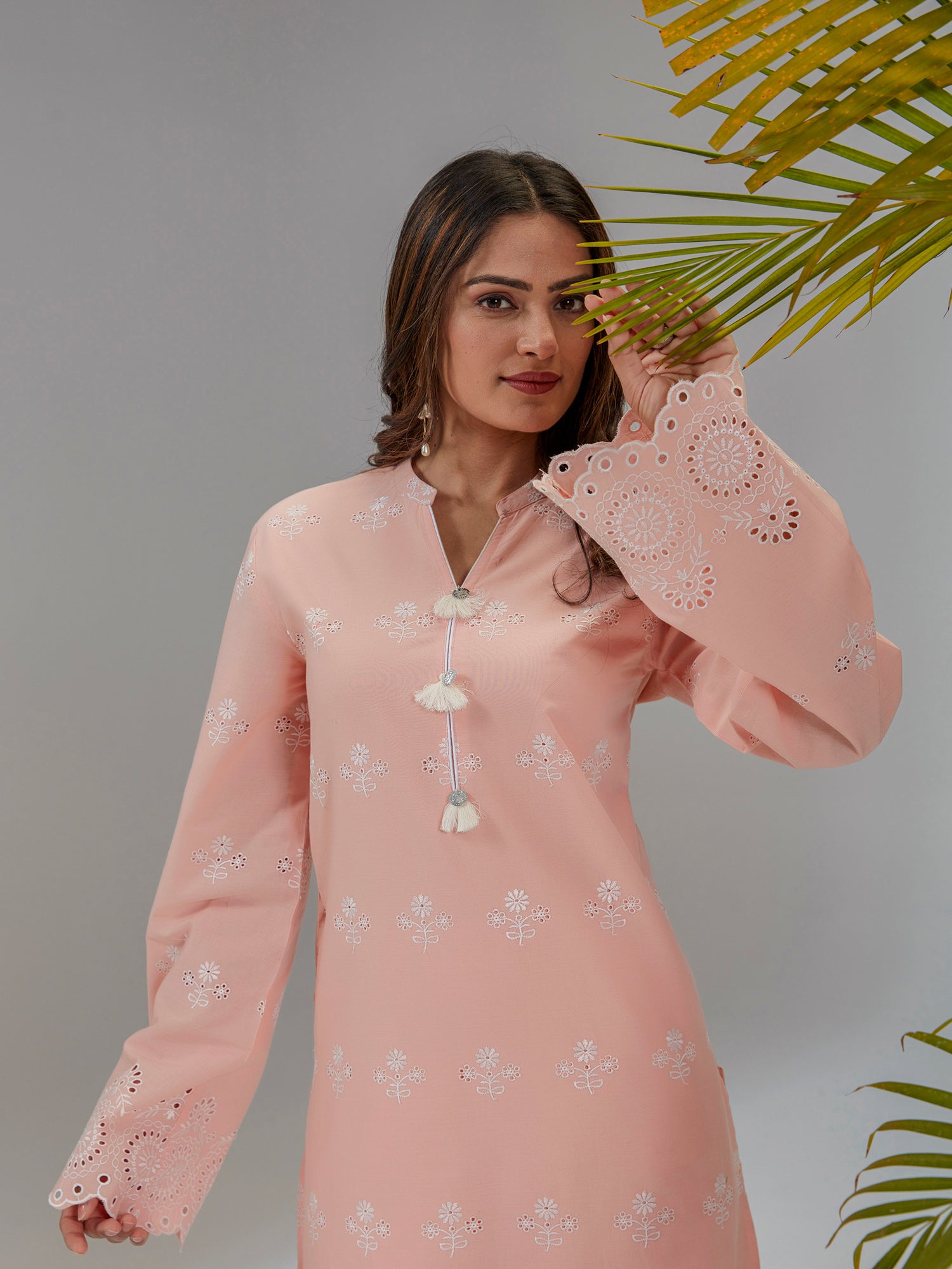 Peach Cotton Embroidered A-Line Kurta Set