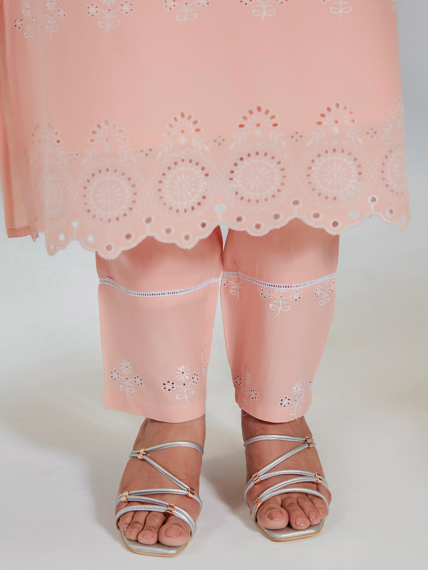 Peach Cotton Embroidered A-Line Kurta Set