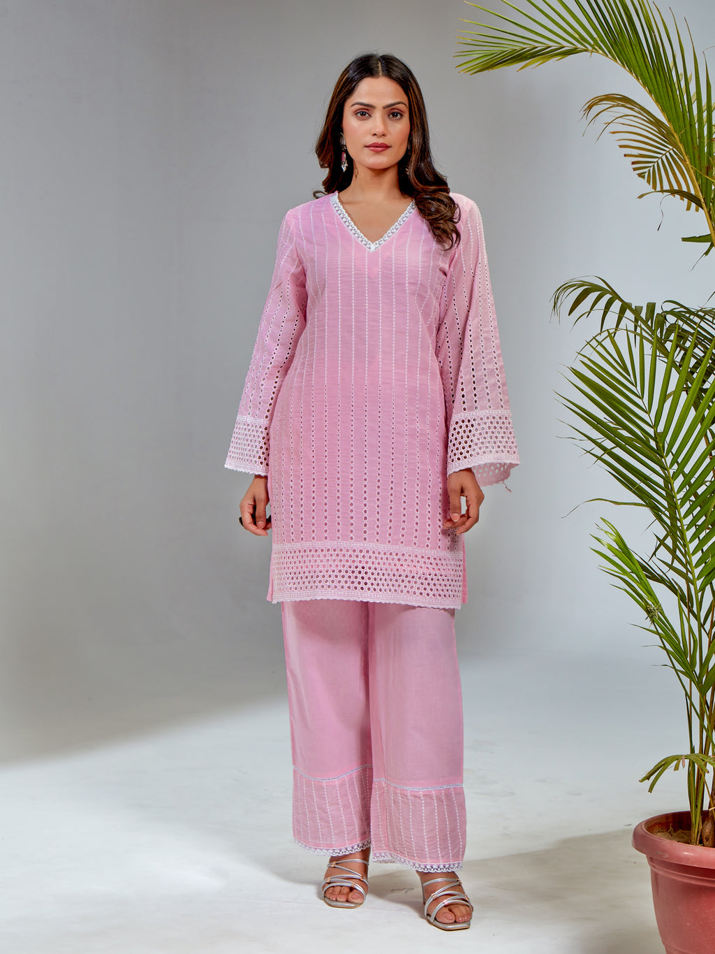 Pink Cotton Schiffli Straight Fit Short Kurta Set