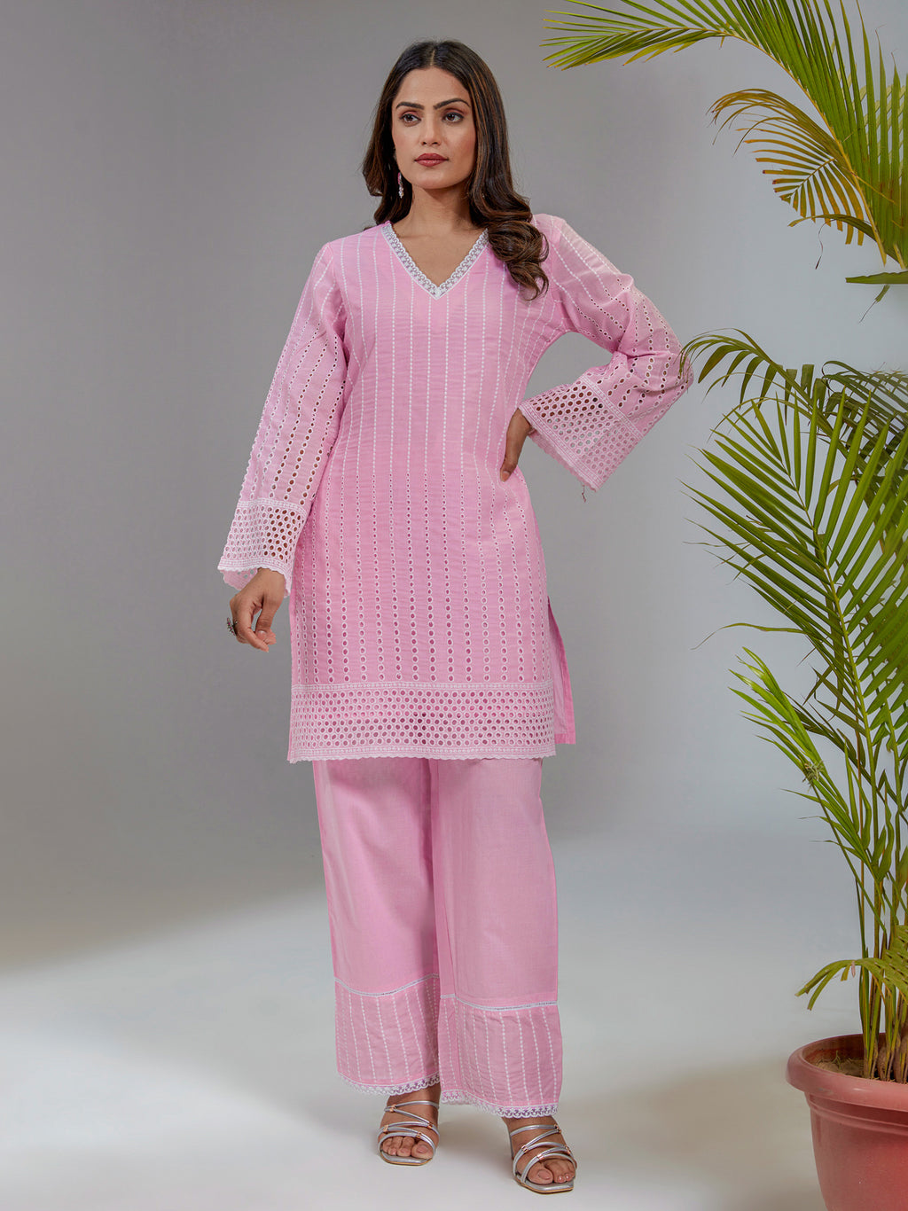 Pink Cotton Schiffli Straight Fit Short Kurta Set