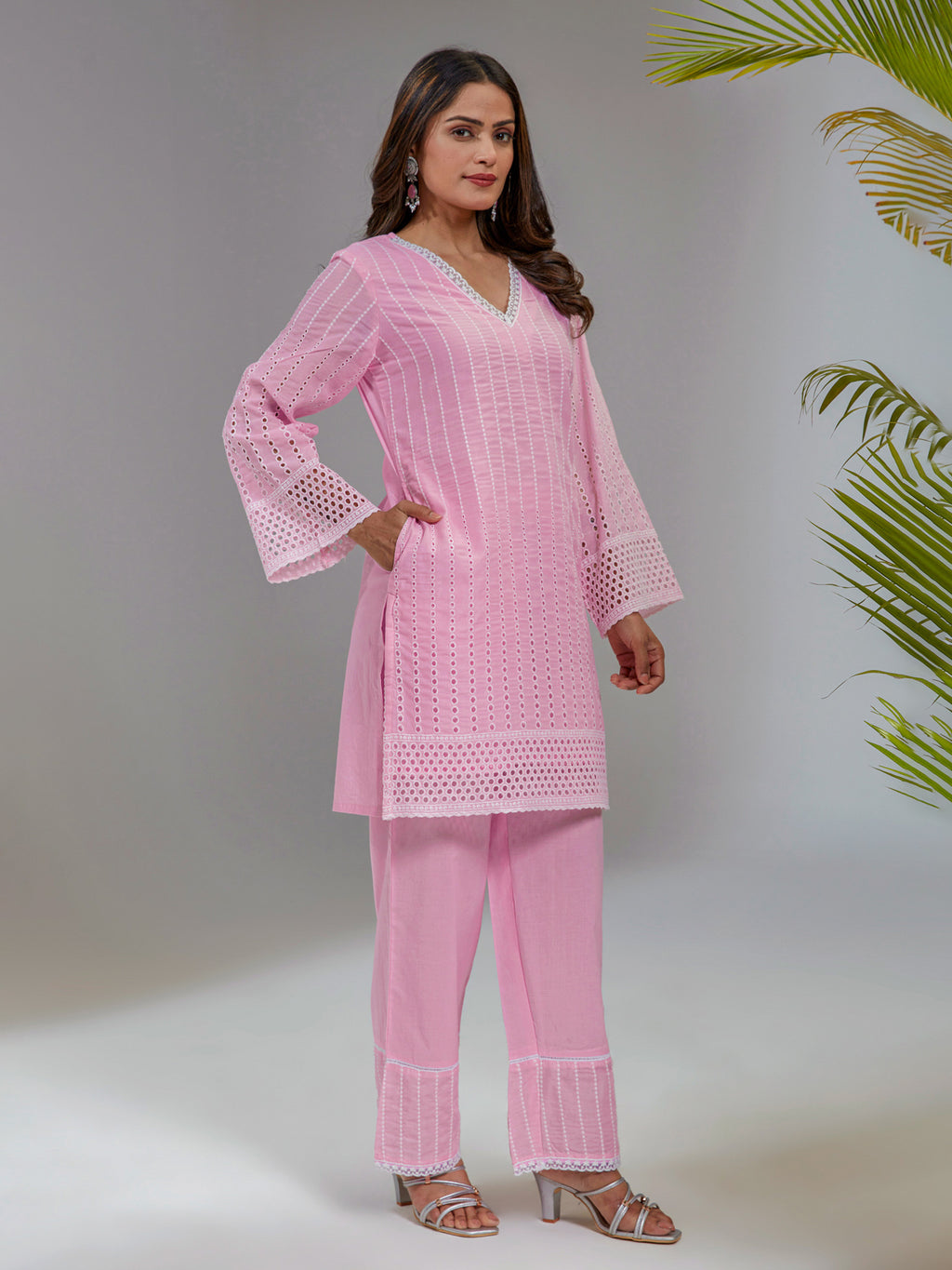 Pink Cotton Schiffli Straight Fit Short Kurta Set