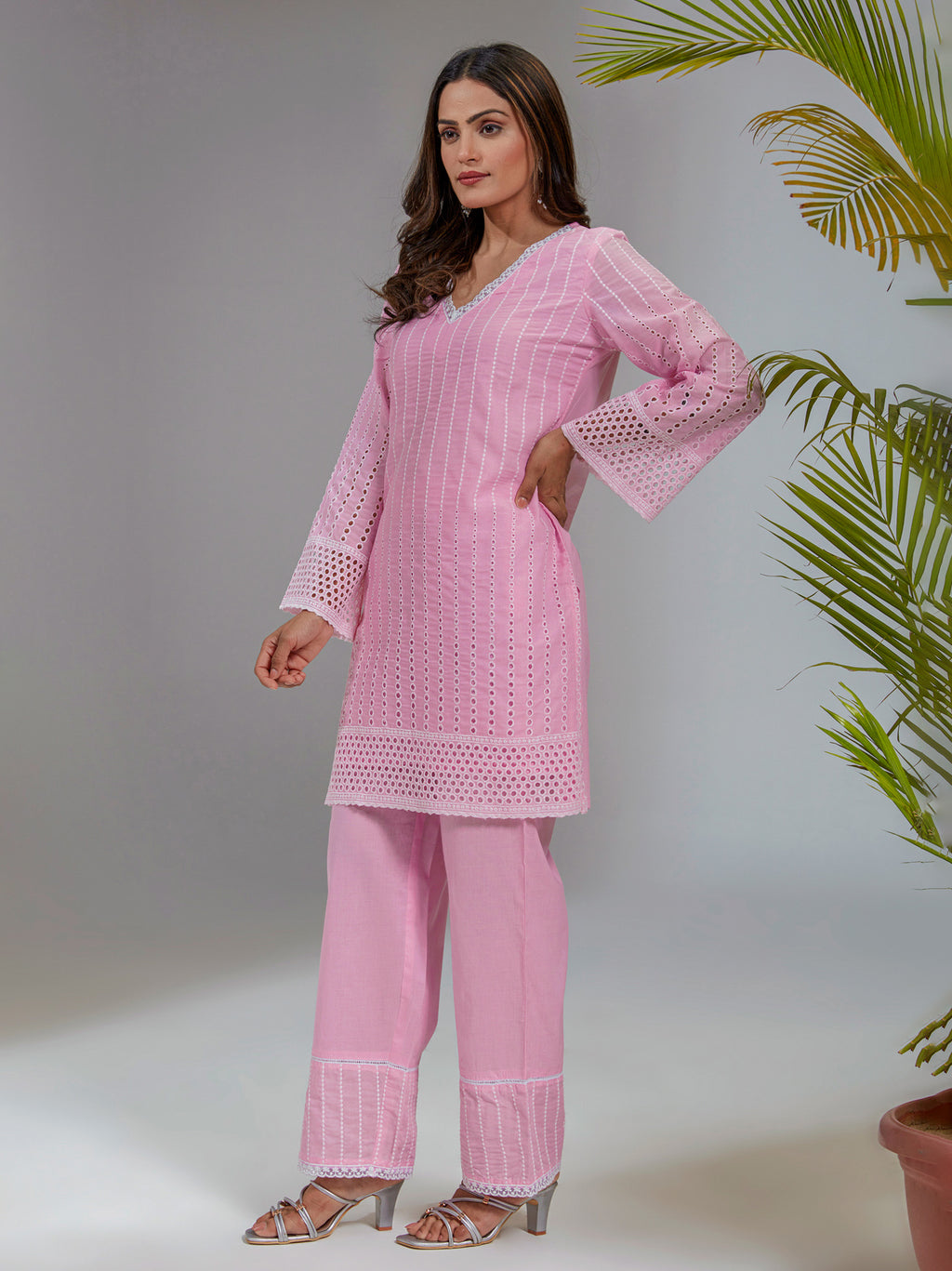 Pink Cotton Schiffli Straight Fit Short Kurta Set