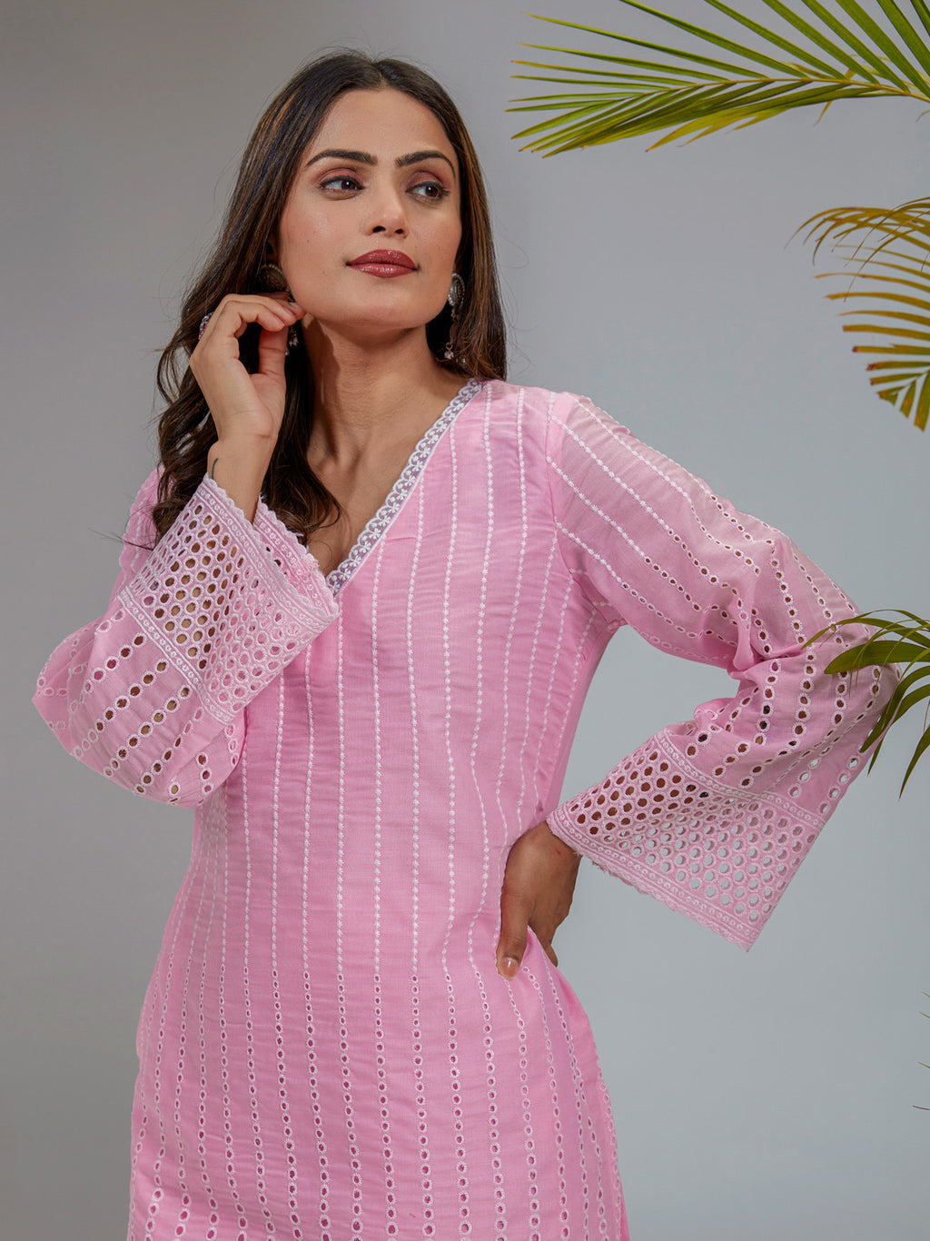 Pink Cotton Schiffli Straight Fit Short Kurta Set