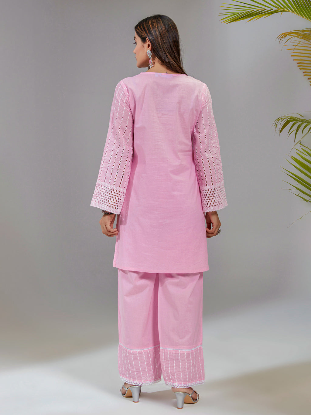 Pink Cotton Schiffli Straight Fit Short Kurta Set