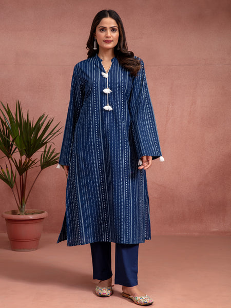 Indigo Cotton Printed A-Line Kurta Set