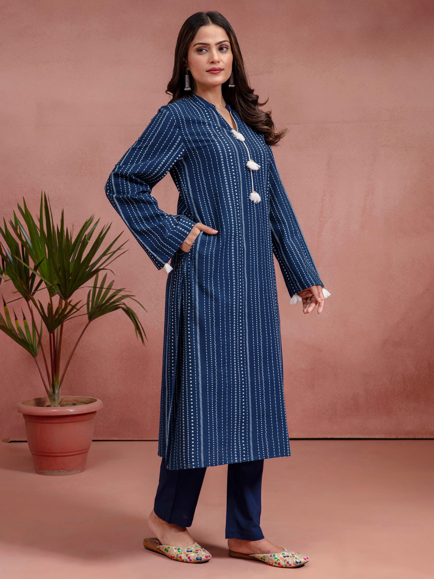 Indigo Cotton Printed A-Line Kurta Set