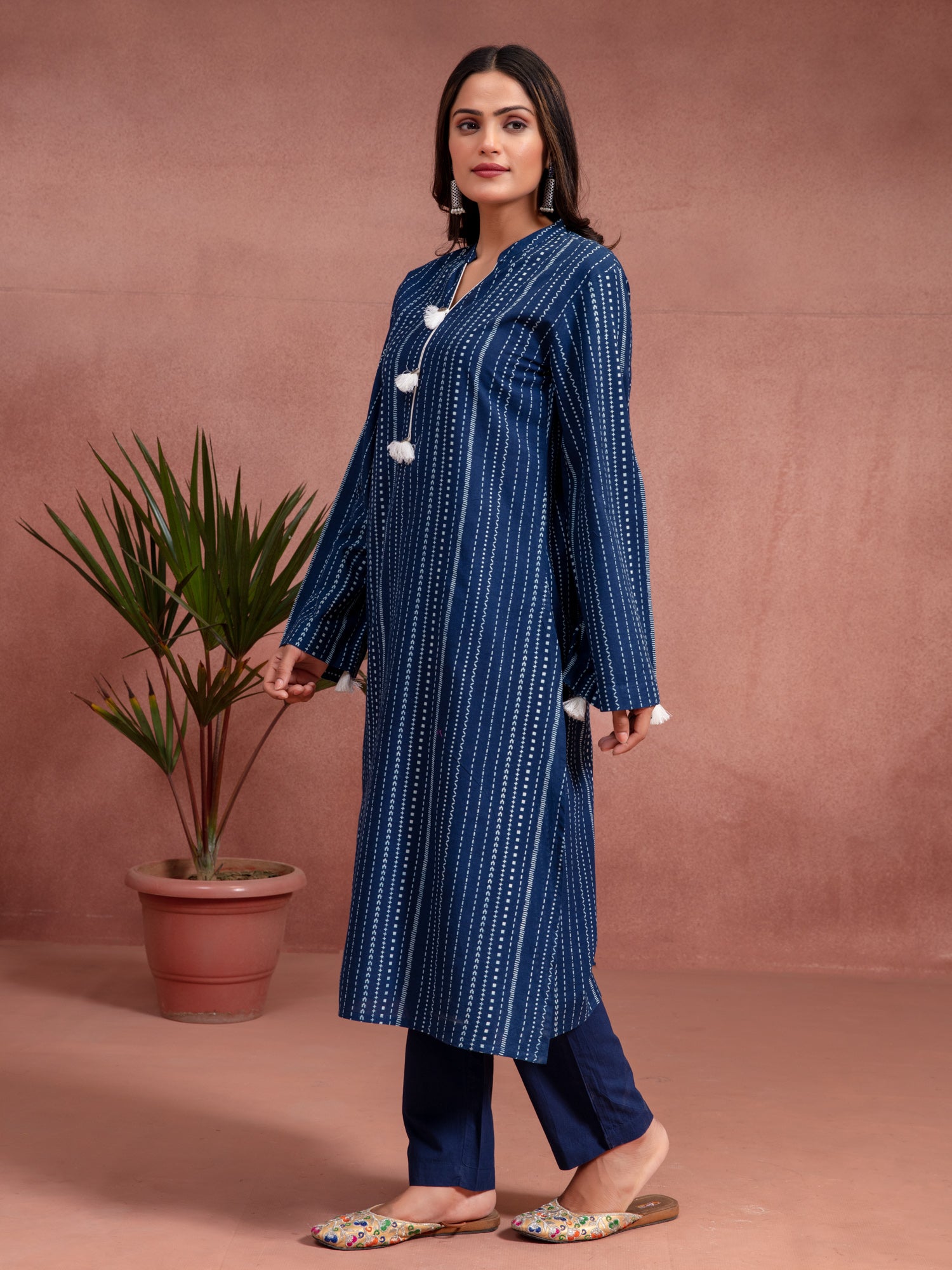 Indigo Cotton Printed A-Line Kurta Set