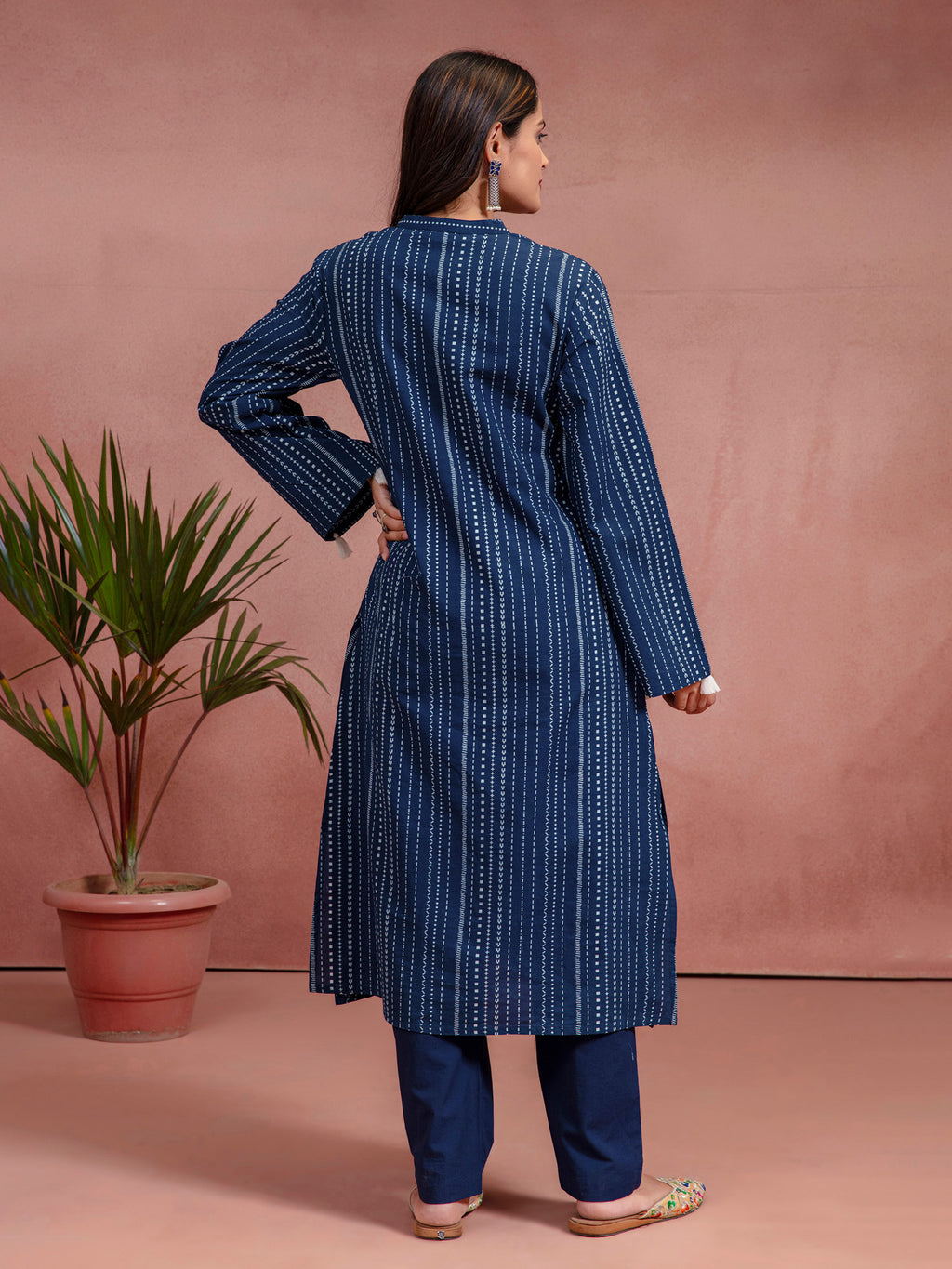 Indigo Cotton Printed A-Line Kurta Set