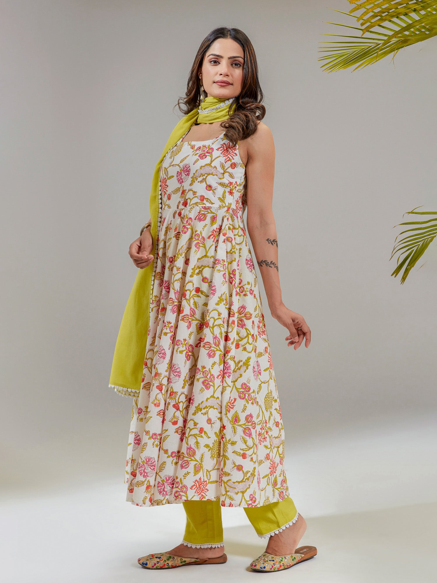 Off White Cotton Floral Print Anarkali Kurta Set