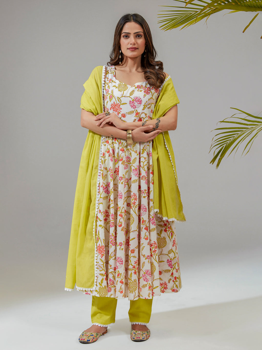 Off White Cotton Floral Print Anarkali Kurta Set