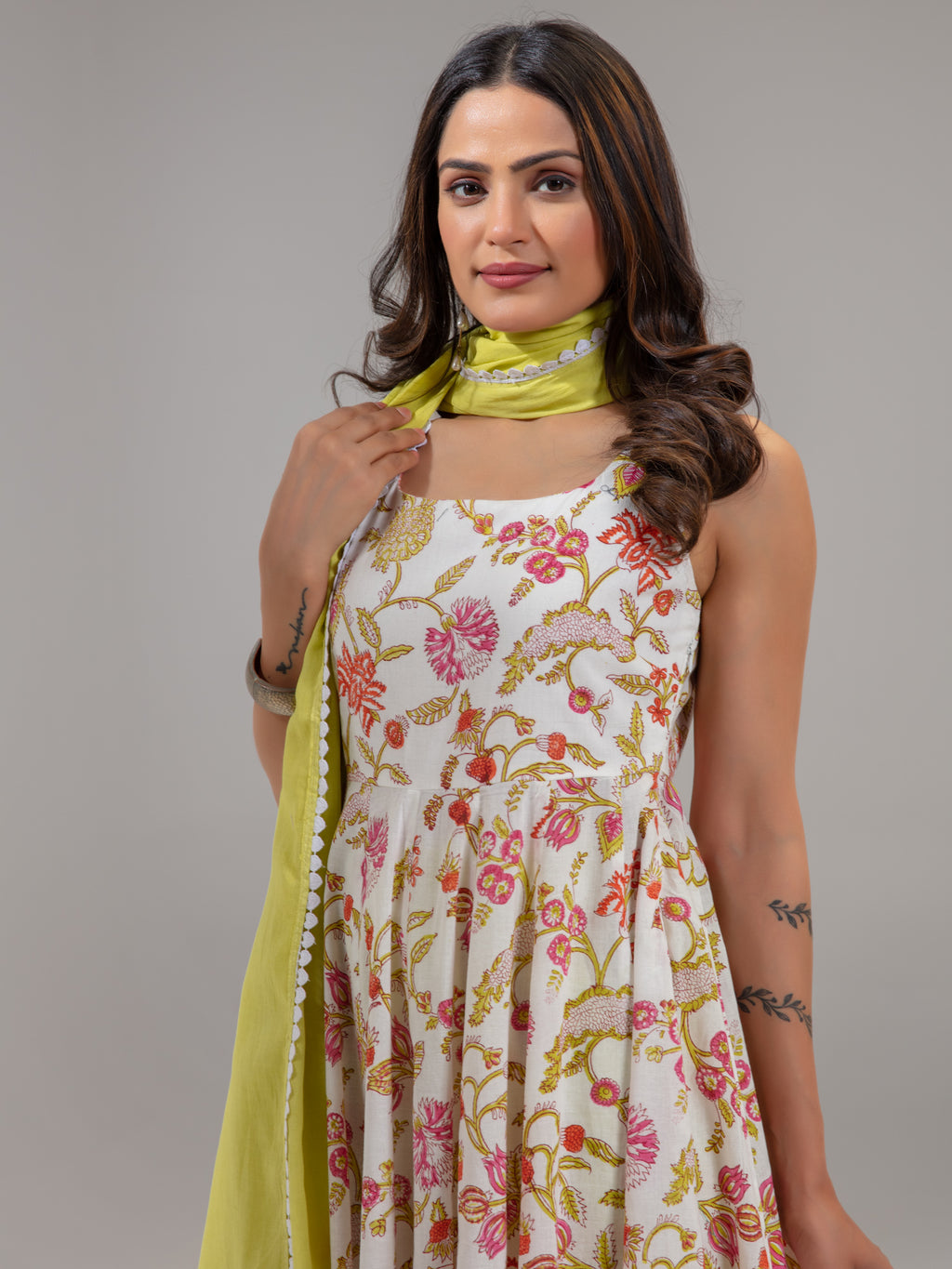 Off White Cotton Floral Print Anarkali Kurta Set