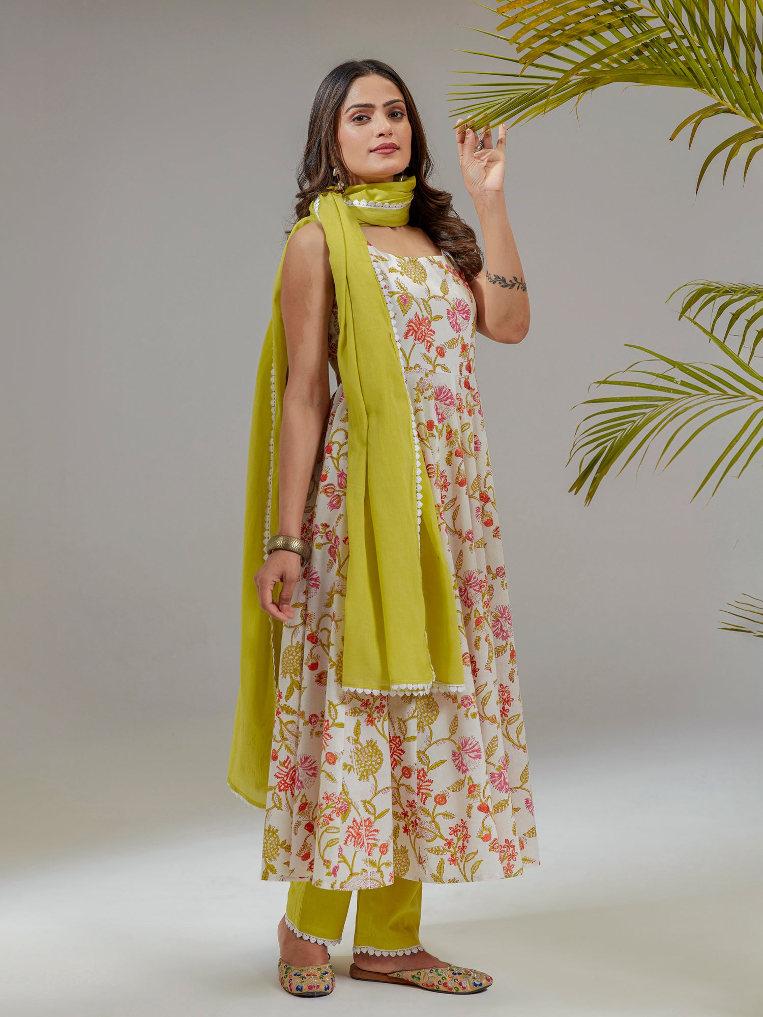 Off White Cotton Floral Print Anarkali Kurta Set