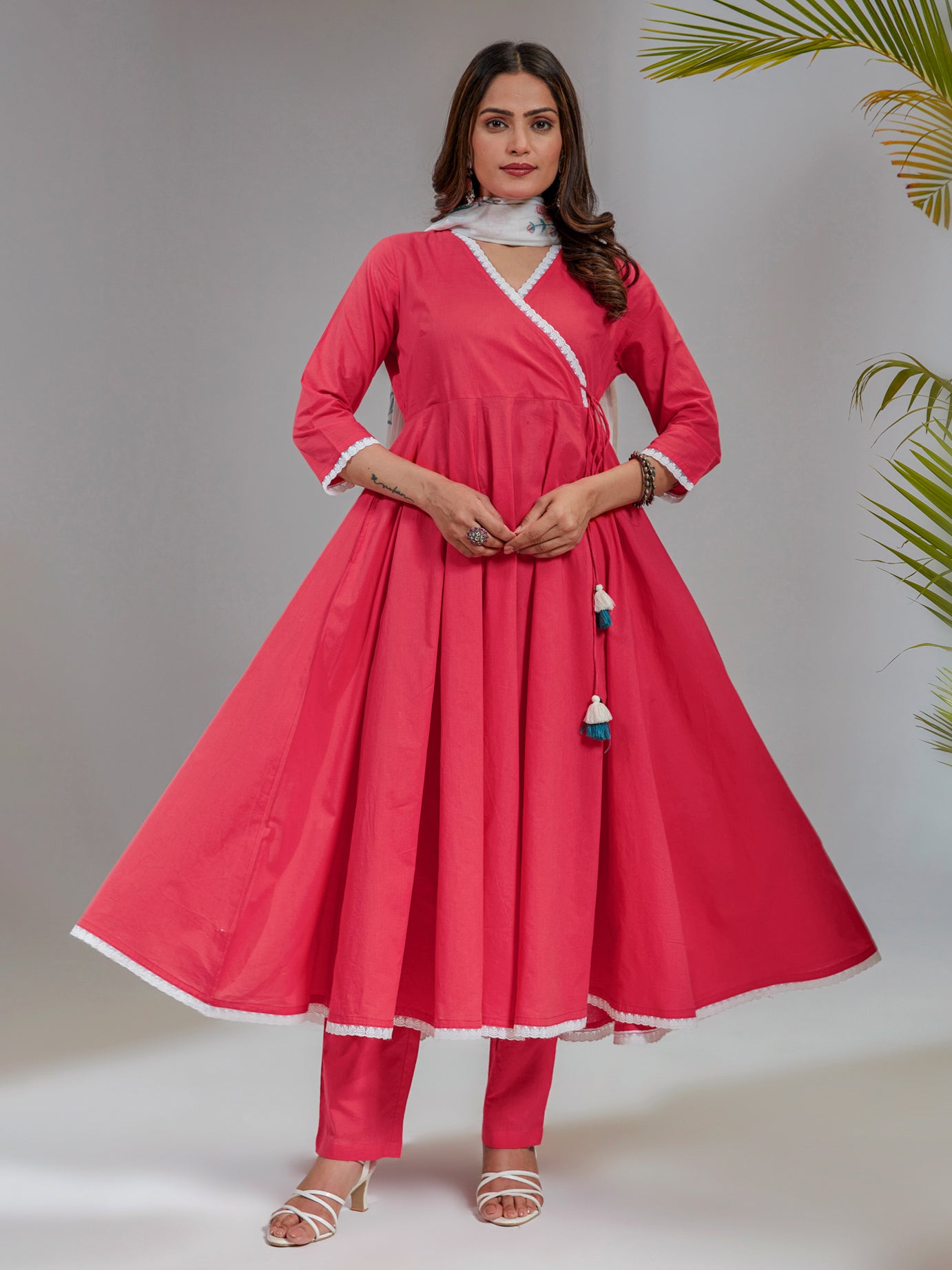 Pink Cotton Angrakha Kurta Set With Printed Dupatta