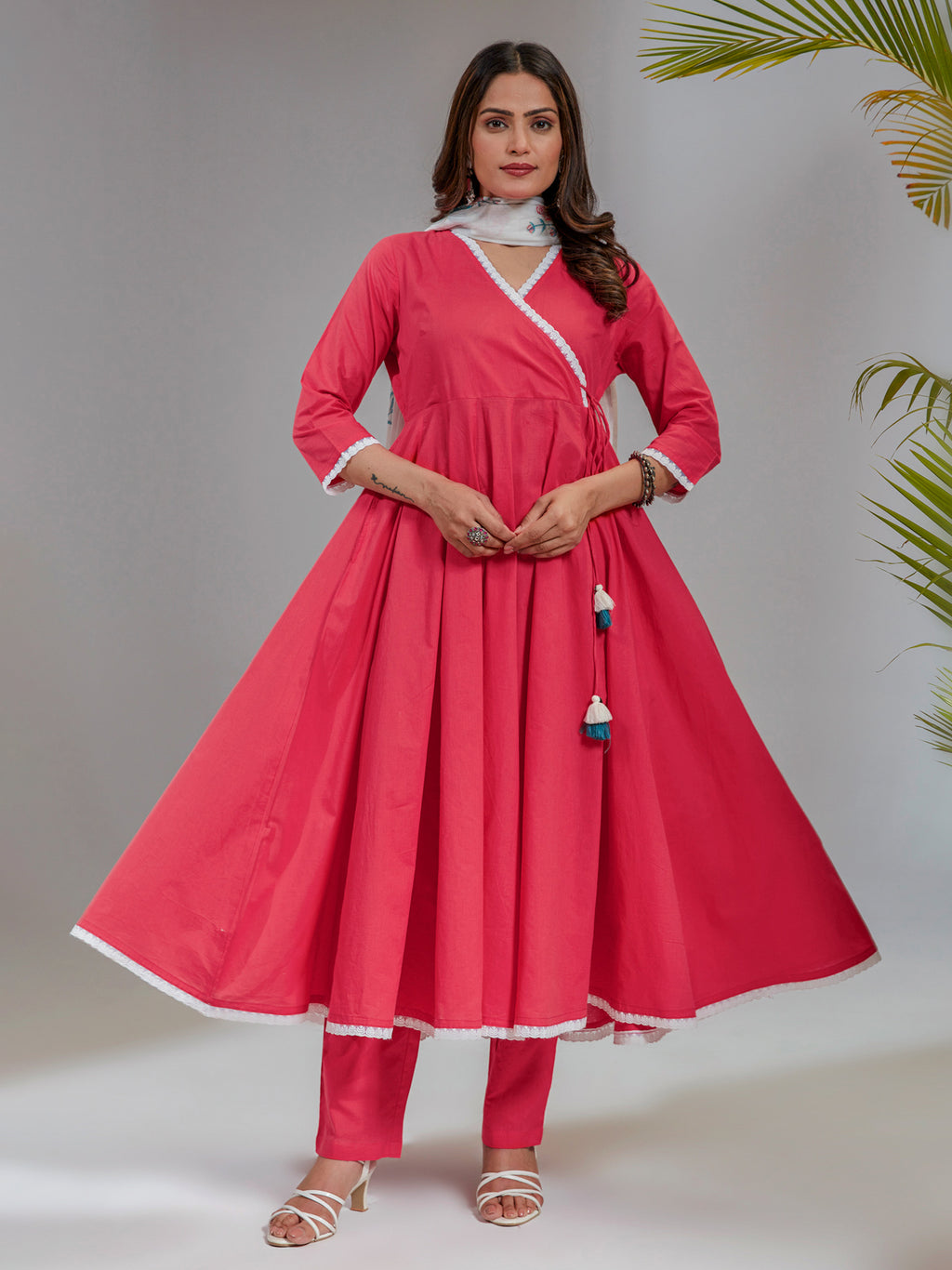 Pink Cotton Angrakha Kurta Set With Printed Dupatta