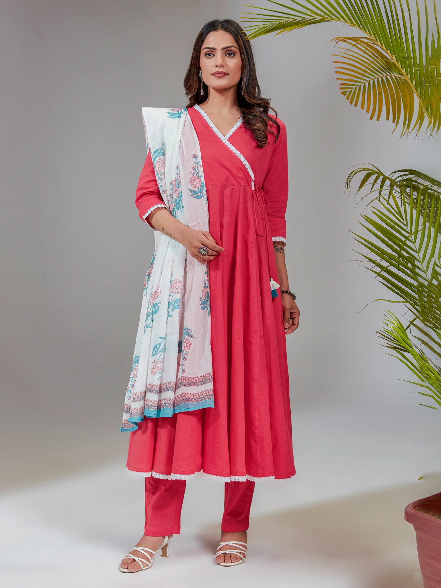 Pink Cotton Angrakha Kurta Set With Printed Dupatta