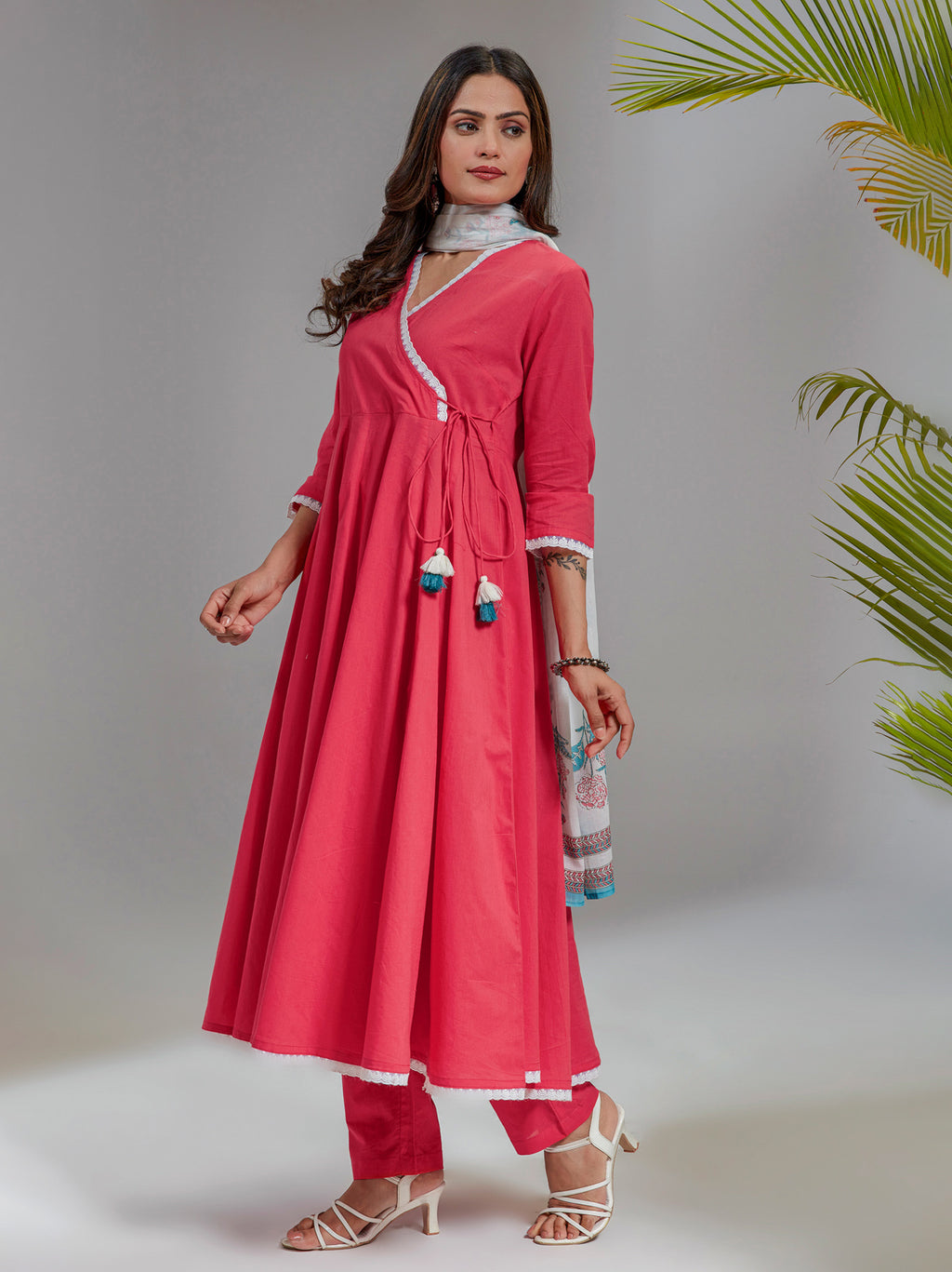 Pink Cotton Angrakha Kurta Set With Printed Dupatta