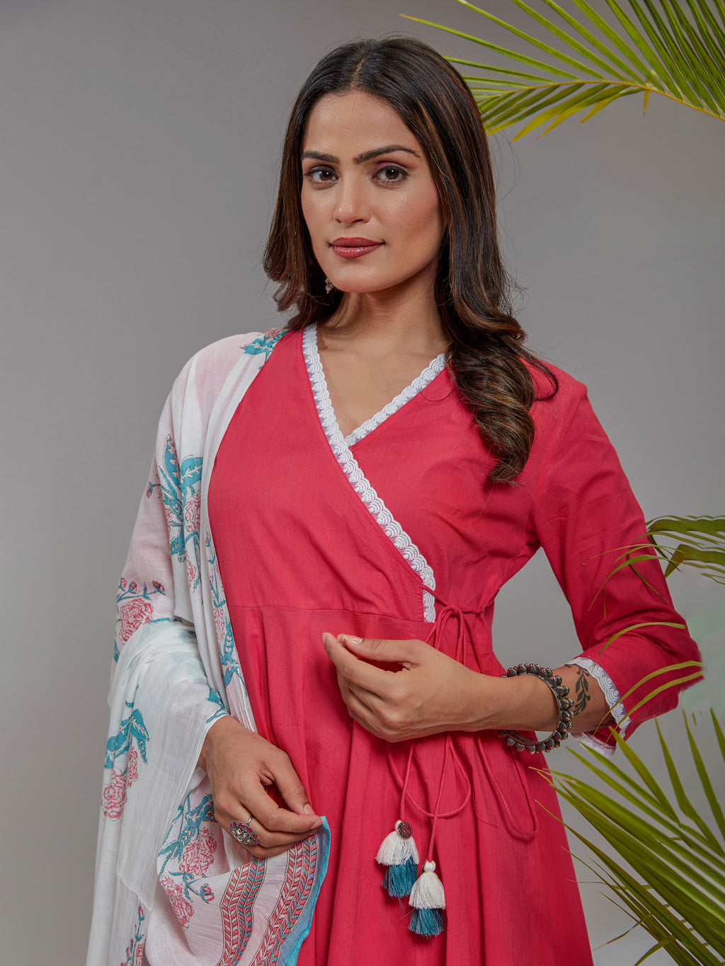 Pink Cotton Angrakha Kurta Set With Printed Dupatta