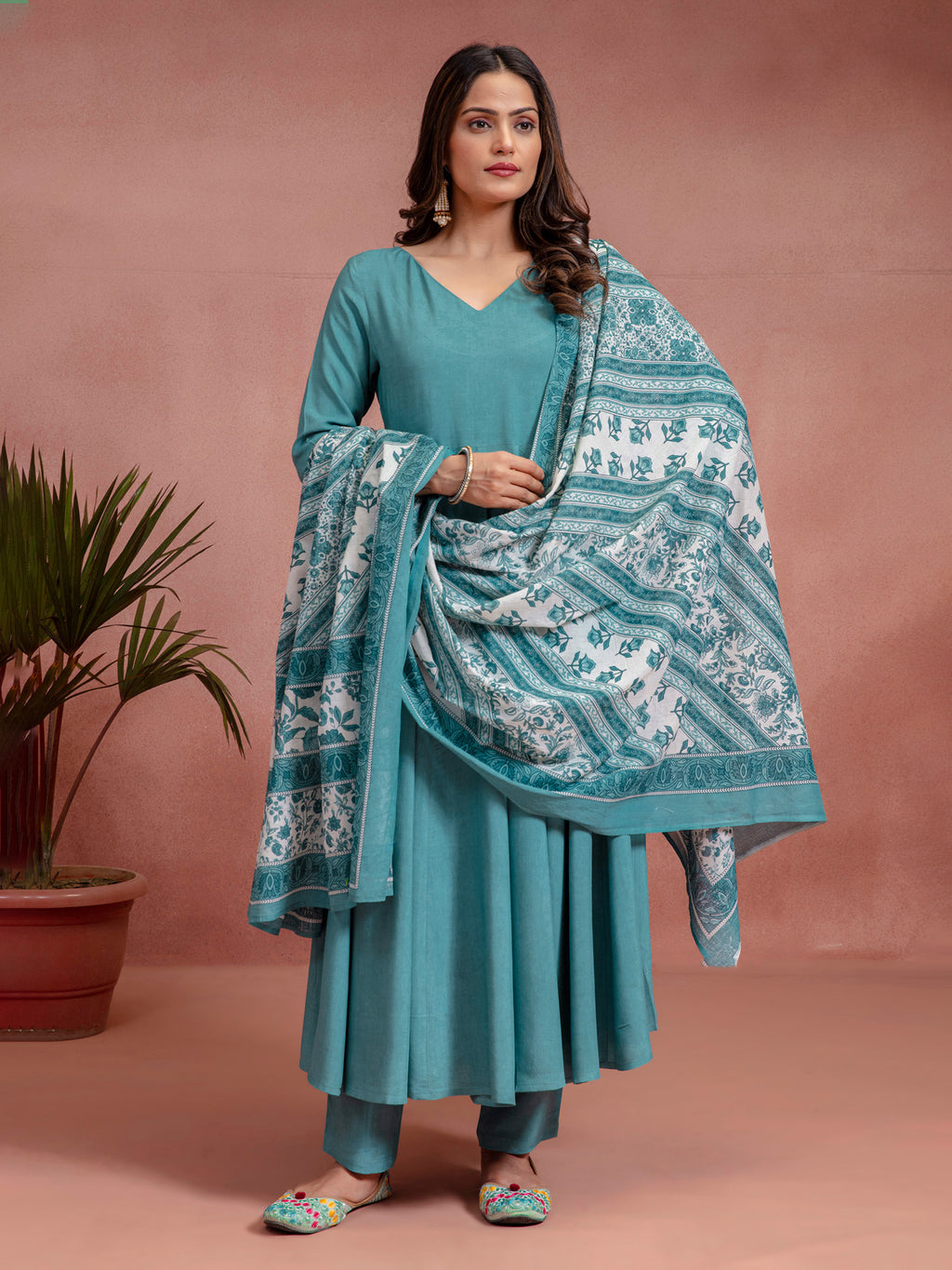 Blue Viscose Solid Anarkali Set With Printed Dupatta