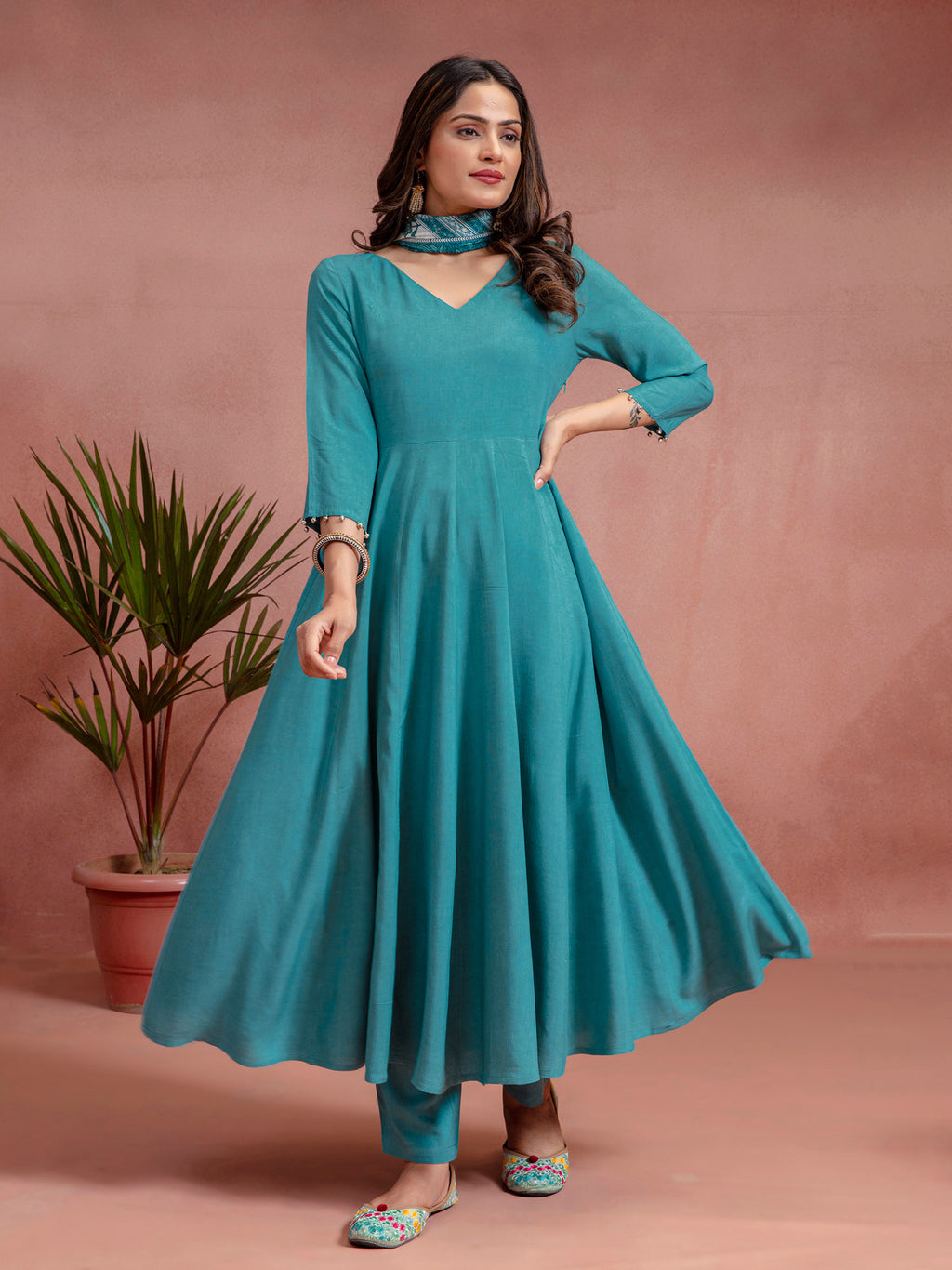 Blue Viscose Solid Anarkali Set With Printed Dupatta