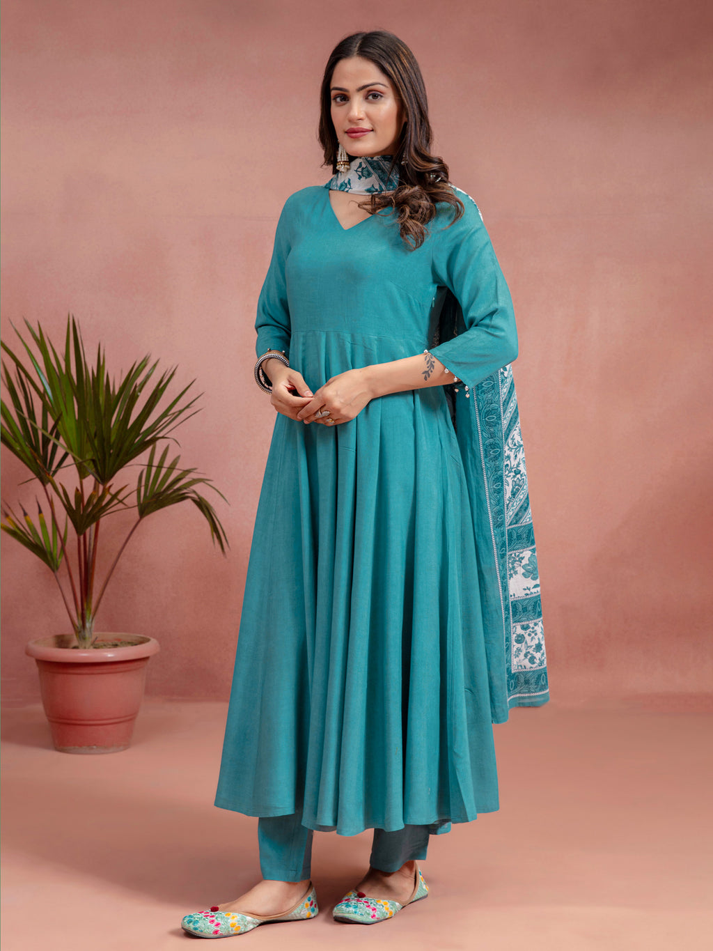 Blue Viscose Solid Anarkali Set With Printed Dupatta