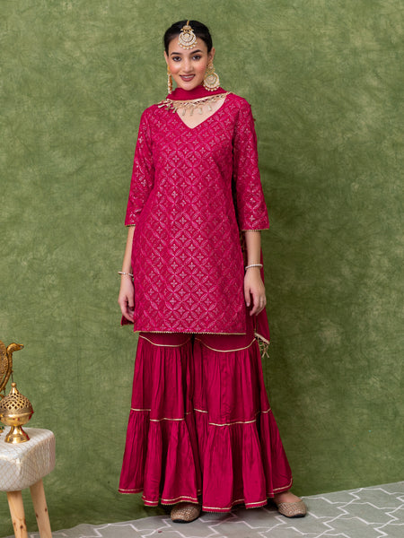 FULLY EMBROIDERED PINK STARIGHT KURTA WITH TIERED SHARARA AND DUPATTA (SET OF 3)