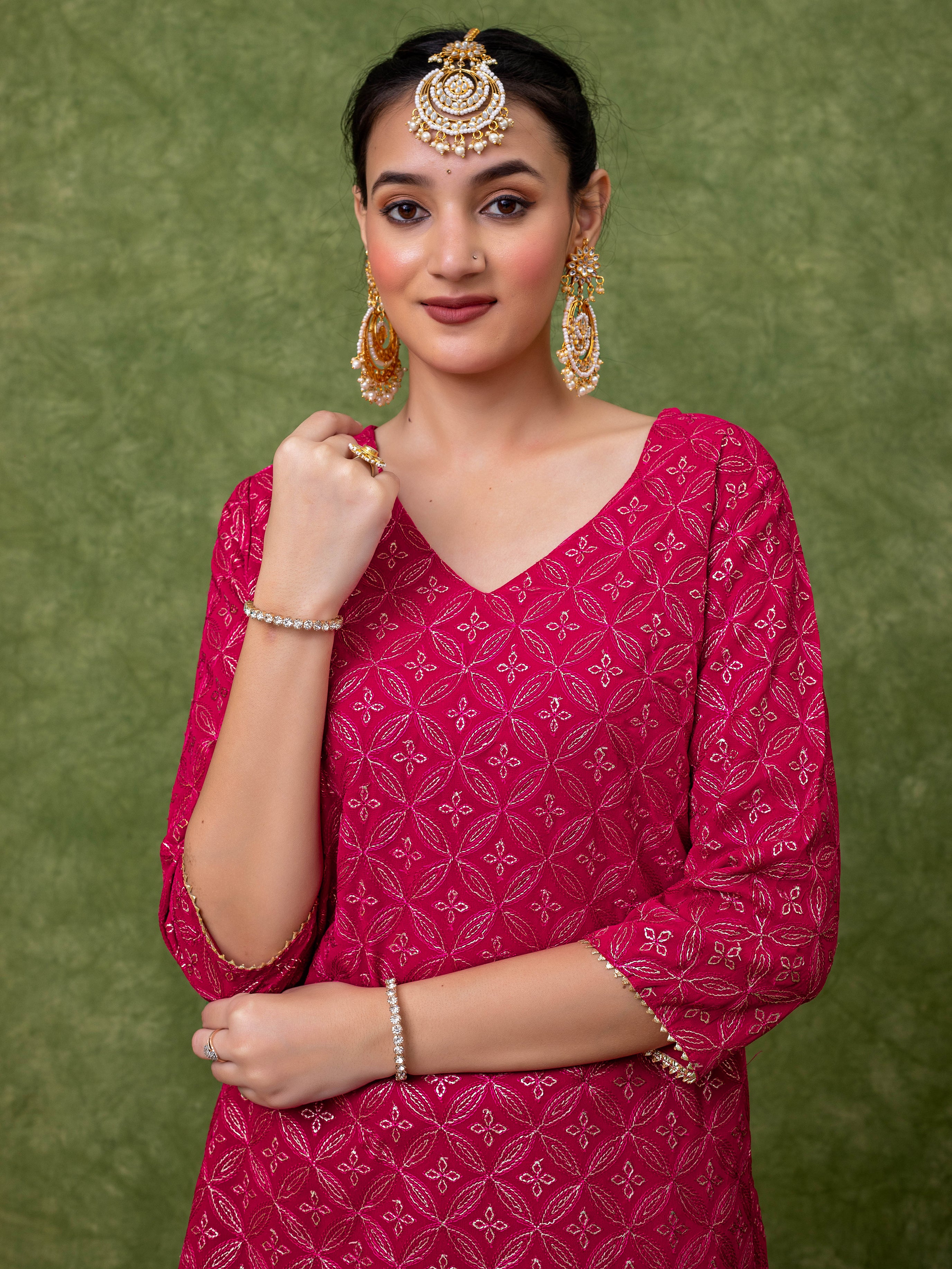 FULLY EMBROIDERED PINK STARIGHT KURTA WITH TIERED SHARARA AND DUPATTA (SET OF 3)