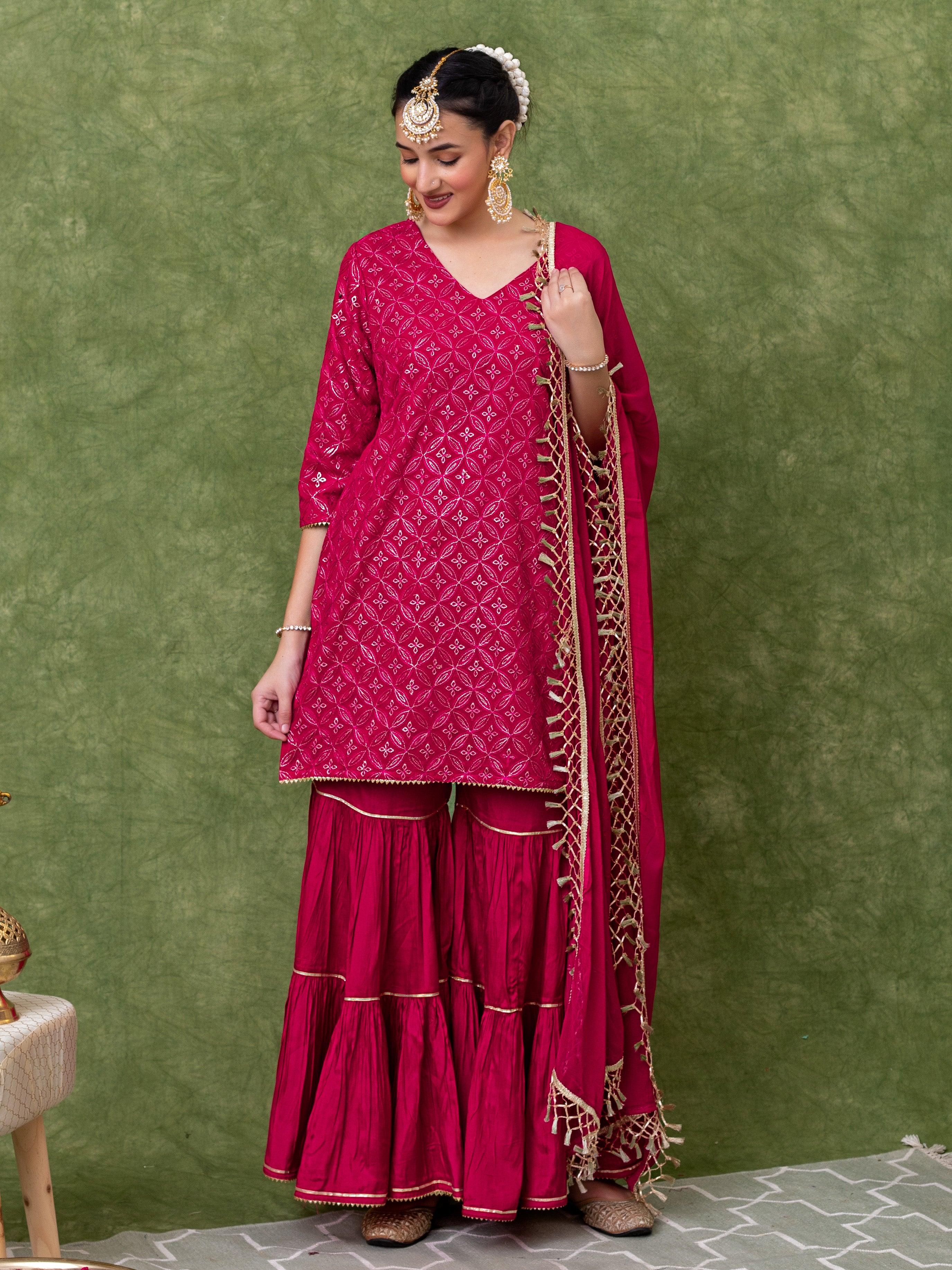 FULLY EMBROIDERED PINK STARIGHT KURTA WITH TIERED SHARARA AND DUPATTA (SET OF 3)