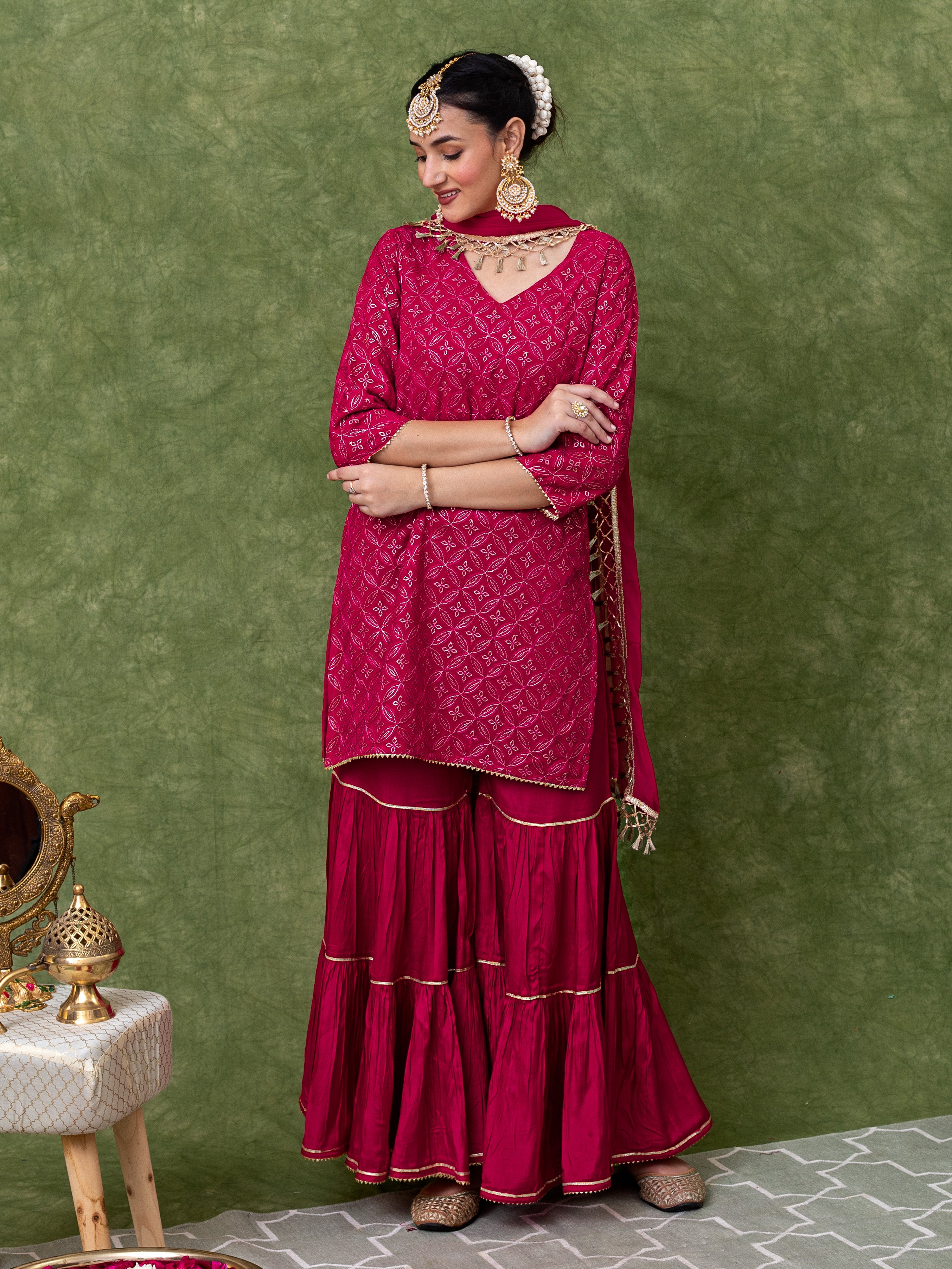 FULLY EMBROIDERED PINK STARIGHT KURTA WITH TIERED SHARARA AND DUPATTA (SET OF 3)