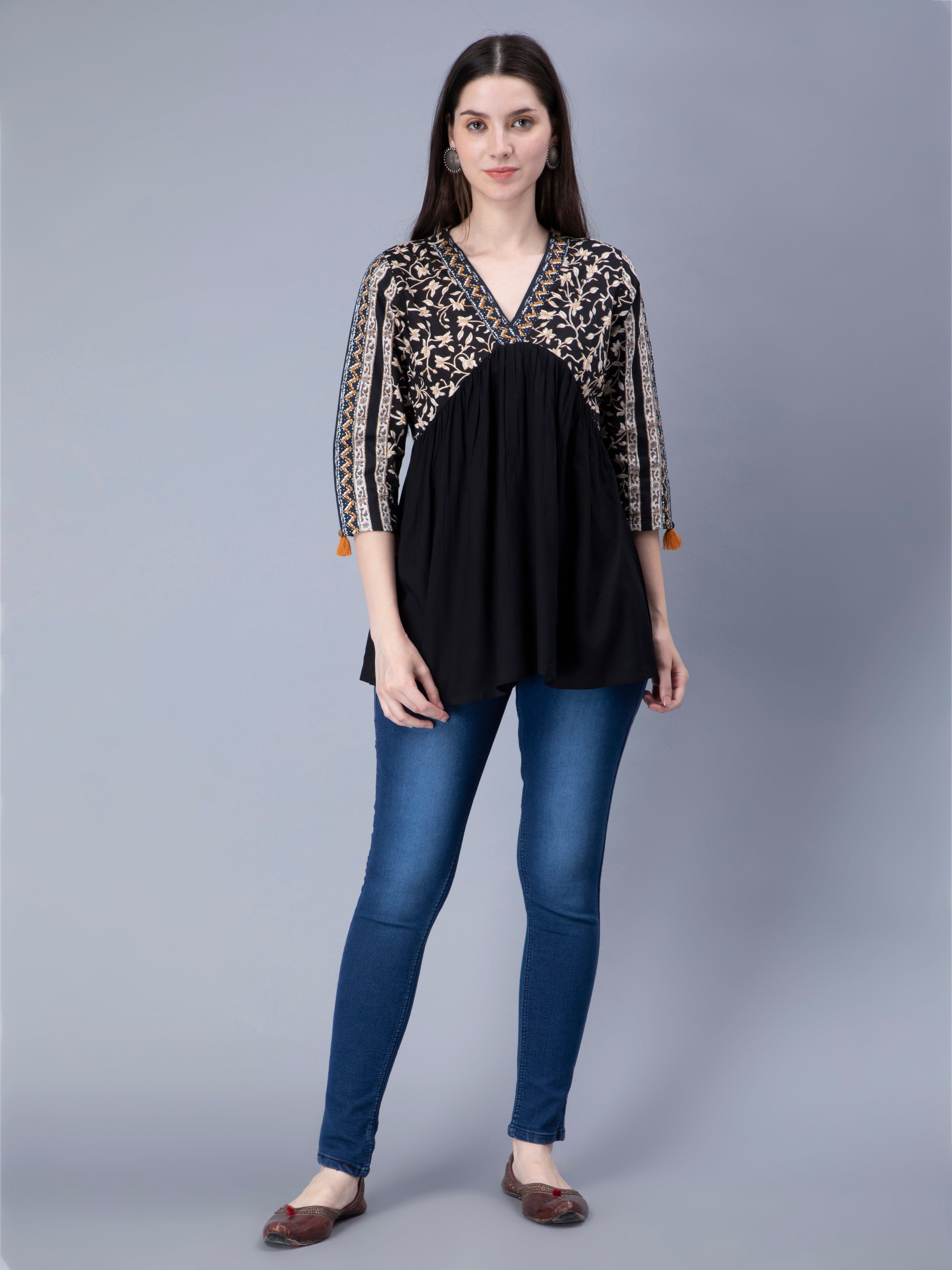 Cotton Paplum Style V Neck Black Ethnic Top