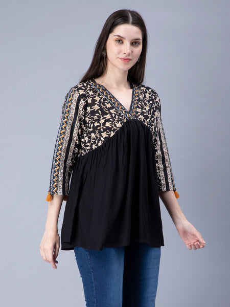 Cotton Paplum Style V Neck Black Ethnic Top