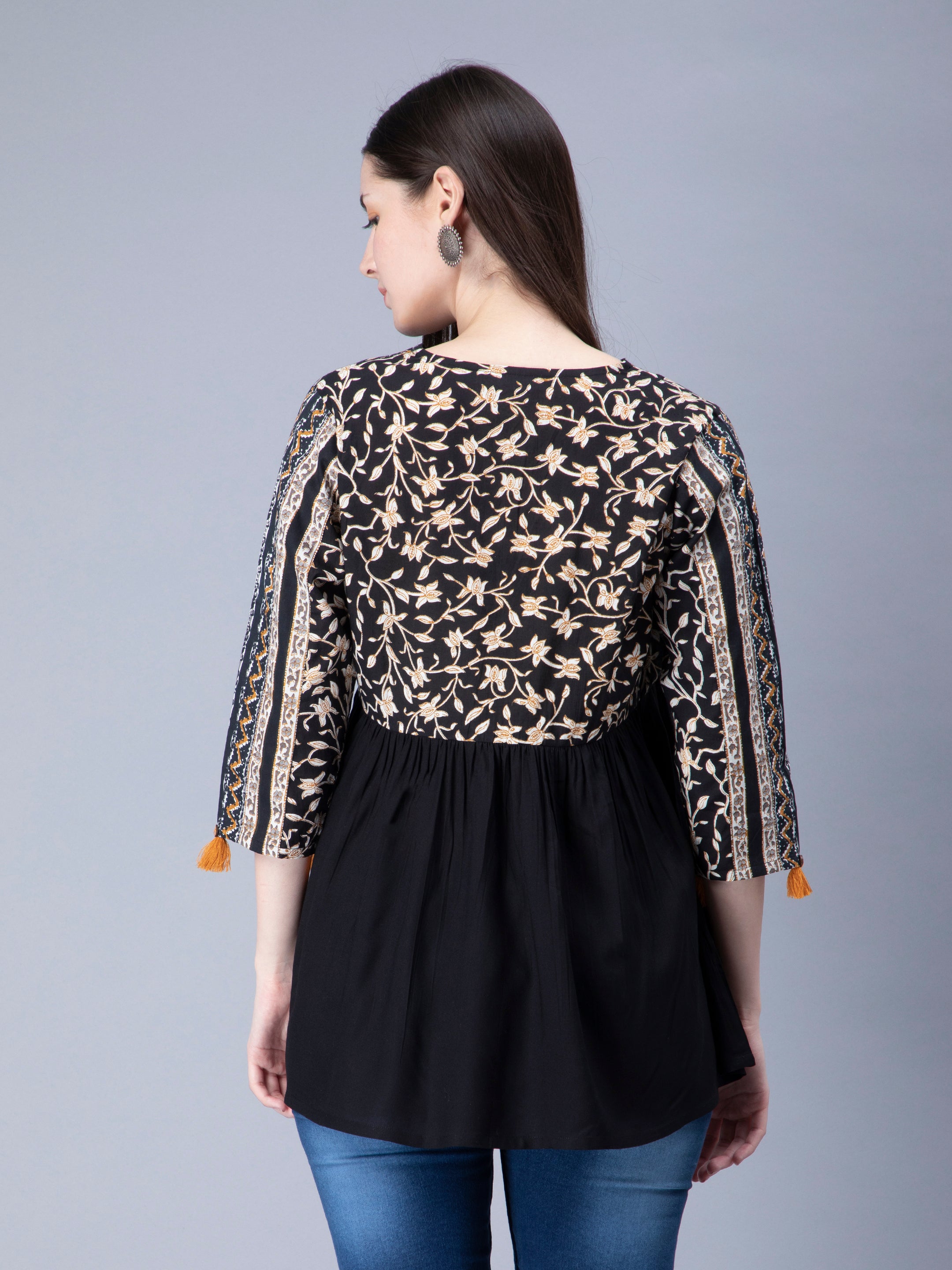 Cotton Paplum Style V Neck Black Ethnic Top