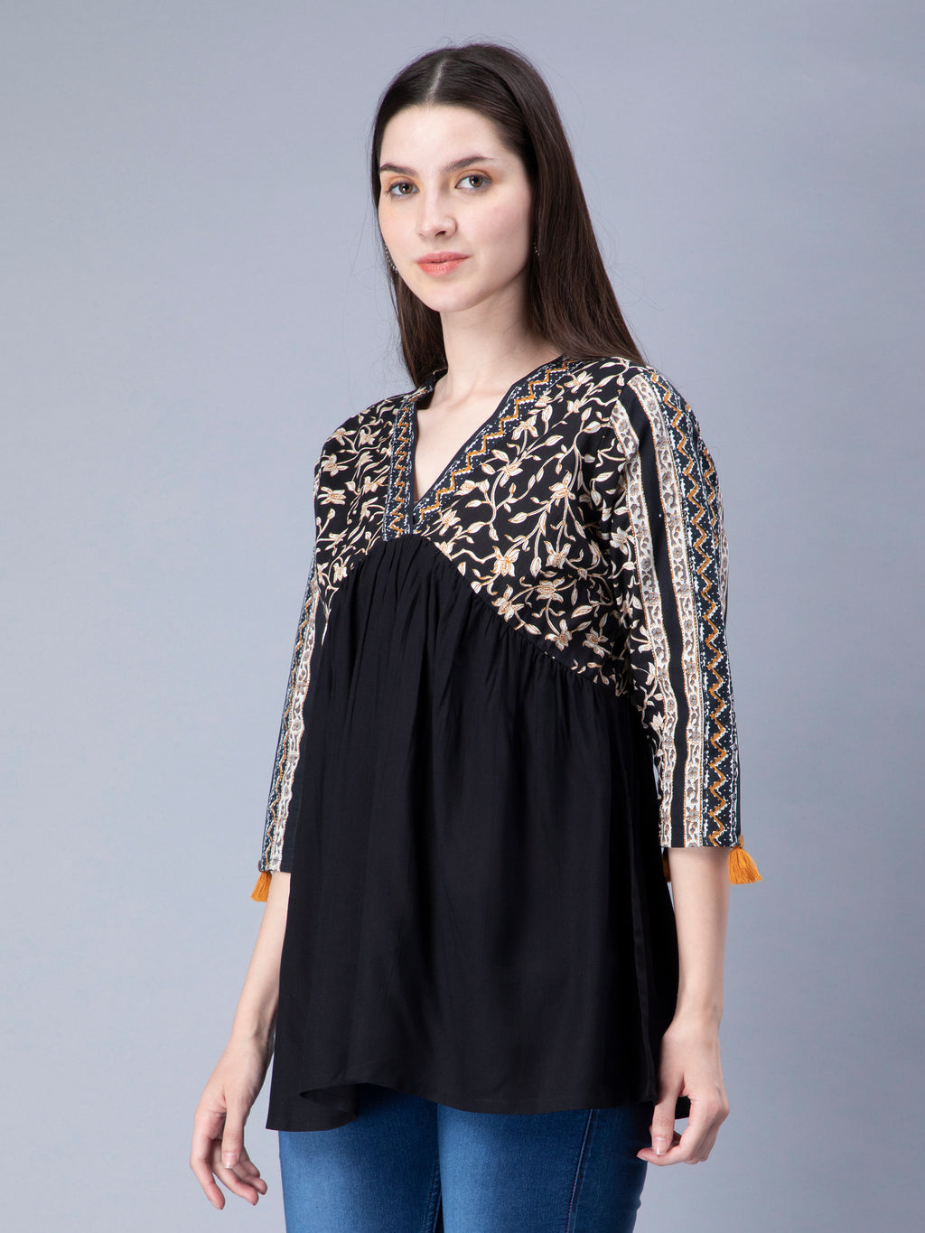 Cotton Paplum Style V Neck Black Ethnic Top